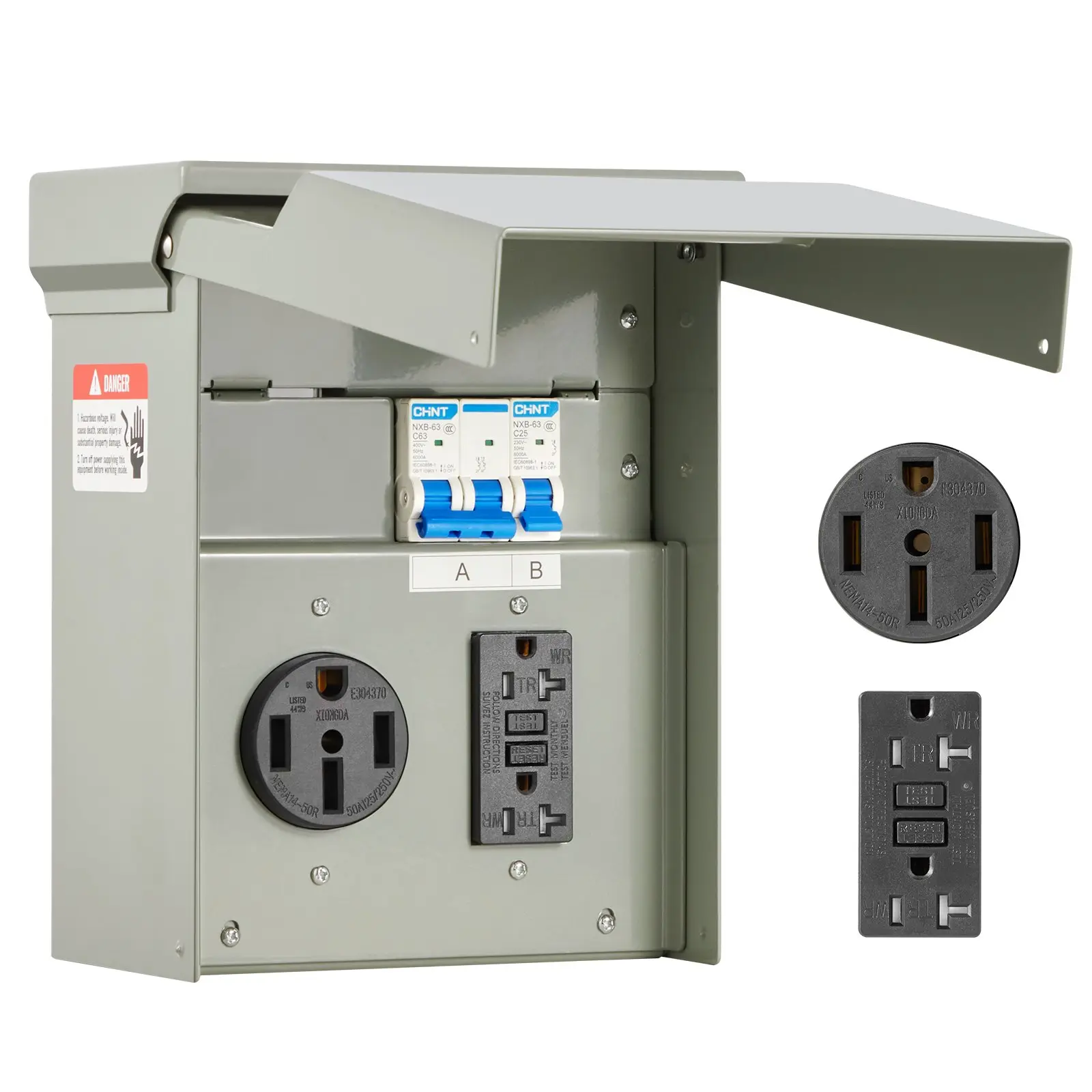 【Summerfinds】VEVOR Temporary Power Outlet Panel, 20 50 Amp, RV EV Electrical Outlet Panel with NEMA 50 Amp GFCI 20 Amp Receptacle Installed, Pre-Wired IP54 Weatherproof Box, for RV Camper Car Travel Motorhome