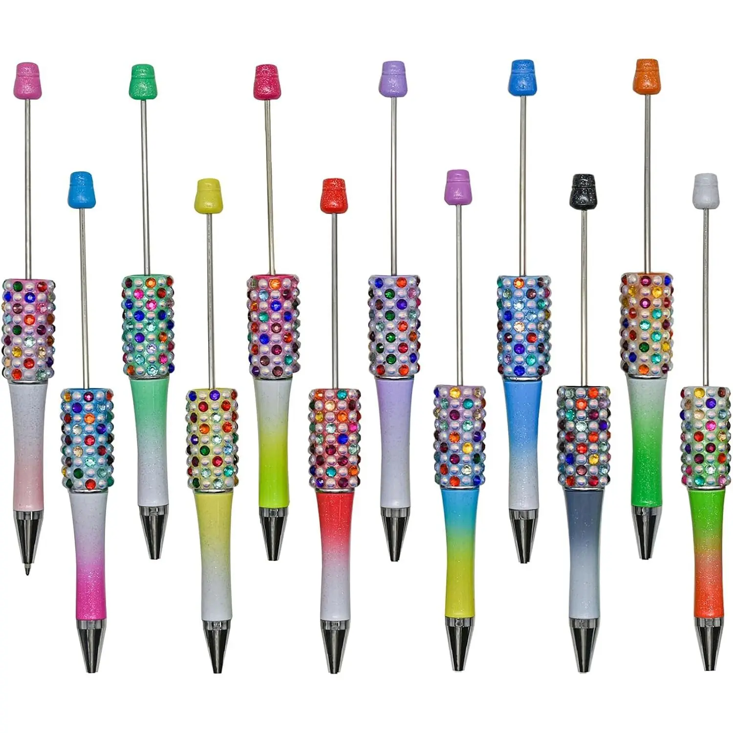 12 count  Beadable Ballpoint Pens Retractable Bling Bead Pen Plastic  DIY  Pens Cool Shaft Beaded Pen Candy Gradient Color Black Ink for DIY Making School Party Office
