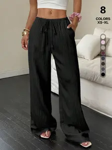 Women's Ribbed Textured Wide Leg Pants, Elastic Drawstring Waist, Casual Flowy Trousers with Pockets, Boho Style, Loose-Fitting