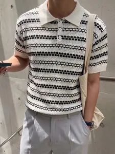 Men's New Casual Loose Simple Honeycomb Grid Striped Design Korean Style Versatile Commuter Vintage Polo Neck Button Knit Top