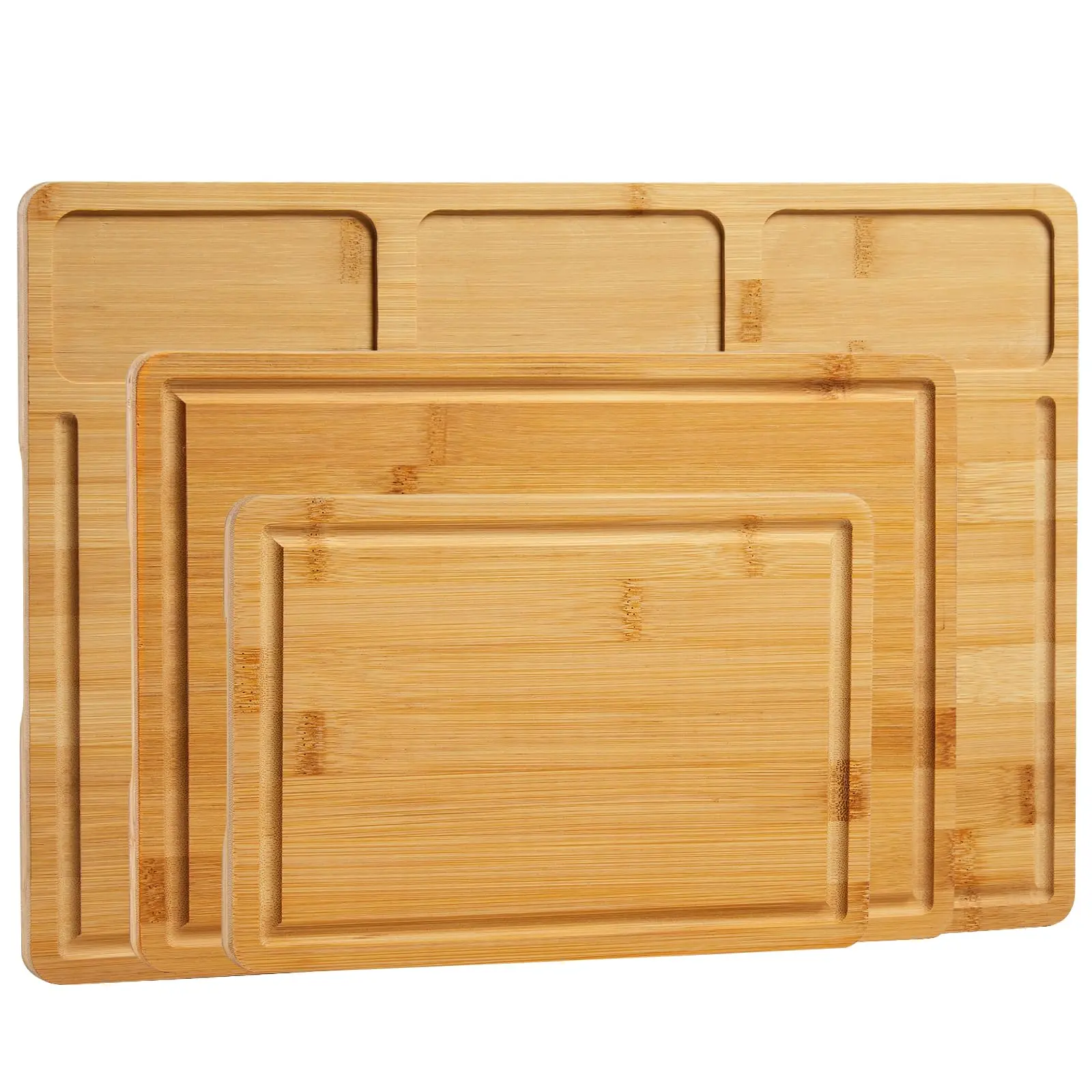 Garvee 3-Piece Bamboo Cutting Board Set for Kitchen – Versatile Wooden Chopping Boards with Deep Juice Grooves, Inner Handles, Prep Slots, Serving Tray & Butcher Block – For Meat, Vegetables
