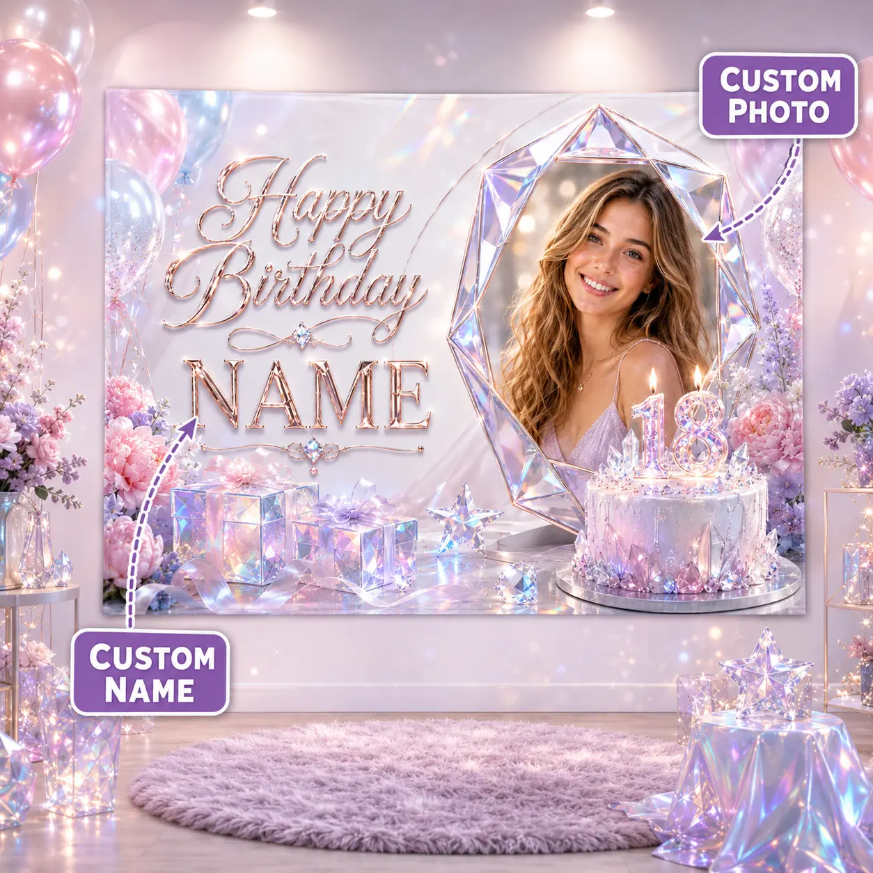 Personalized Iridescent 18th Birthday Backdrop with Photo and Name, Crystal Frame, Pastel Balloons, Flowers and Cake