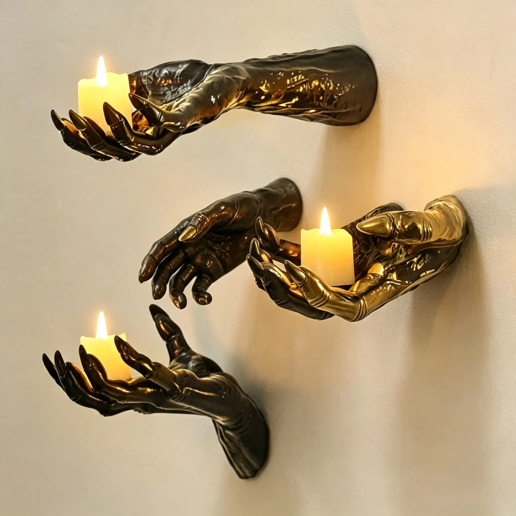 Demon Hand Wall Mounted Candle Holder, Gothic Resin Hand Sculpture Wall Sconce, Creepy Palm Wall Art, LED Tealight Holder Spooky Dark Aesthetic Decor for Halloween Bedroom Home