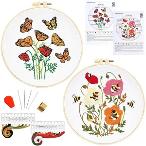 Embroidery Kits for Beginners Adults, Butterfly Hand Embroidery Starter Kits,    Kits for Beginner Needlepoint DIY Kits for Adult, 2 Set Embroidery Hoops, Thread & Video Tutorial