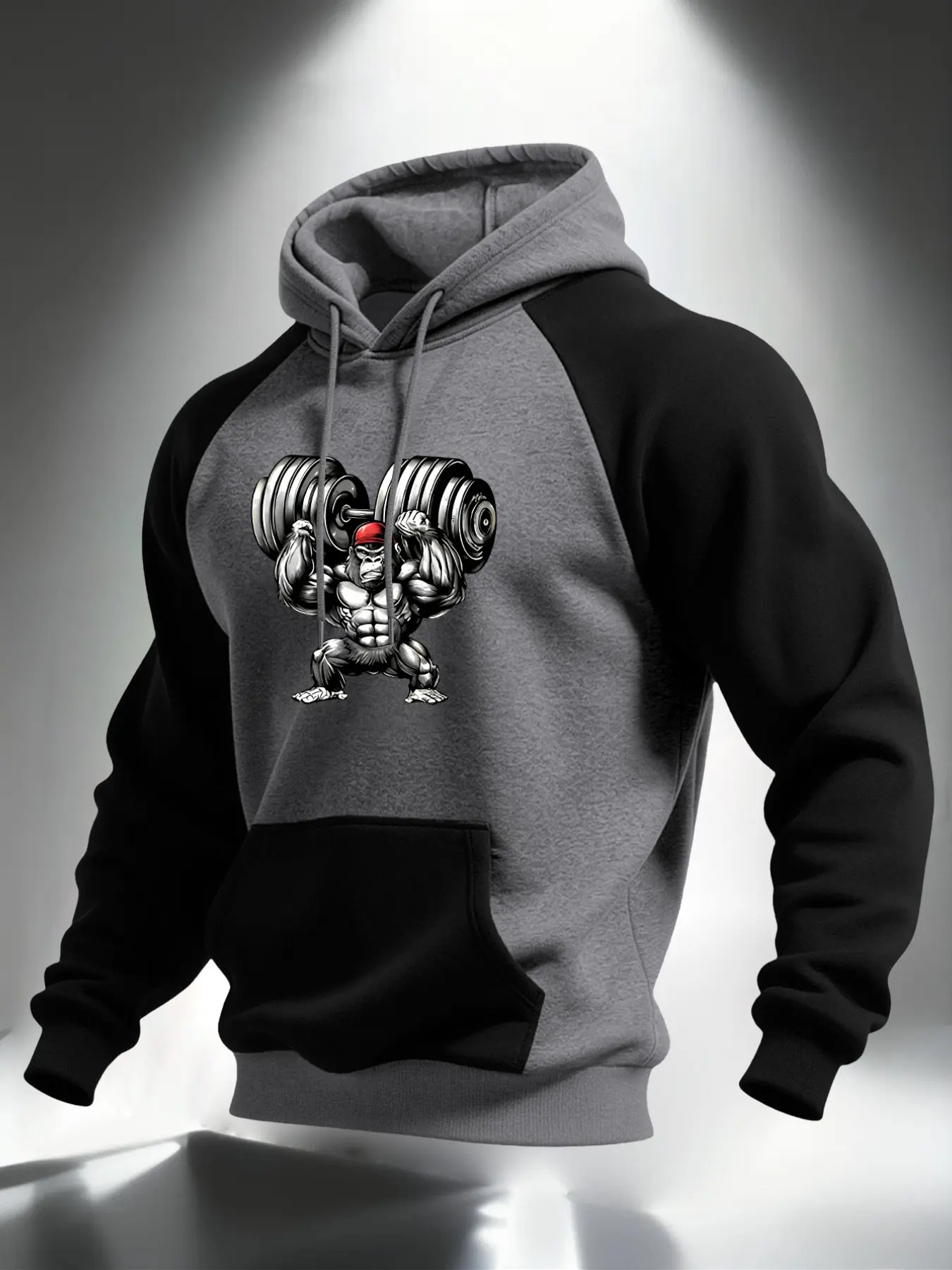 Men Raglan Sleeve Pullover Hoodie, Muscular Gorilla Lifting Heavy Dumbbells Graphic Print, Kangaroo Pocket Drawstring Soft Loose Gym Weightlifting Training Street Sweatshirt #GymGorillaHoodie #RaglanFitnessTop #WeightliftingGraphicSweatshirt