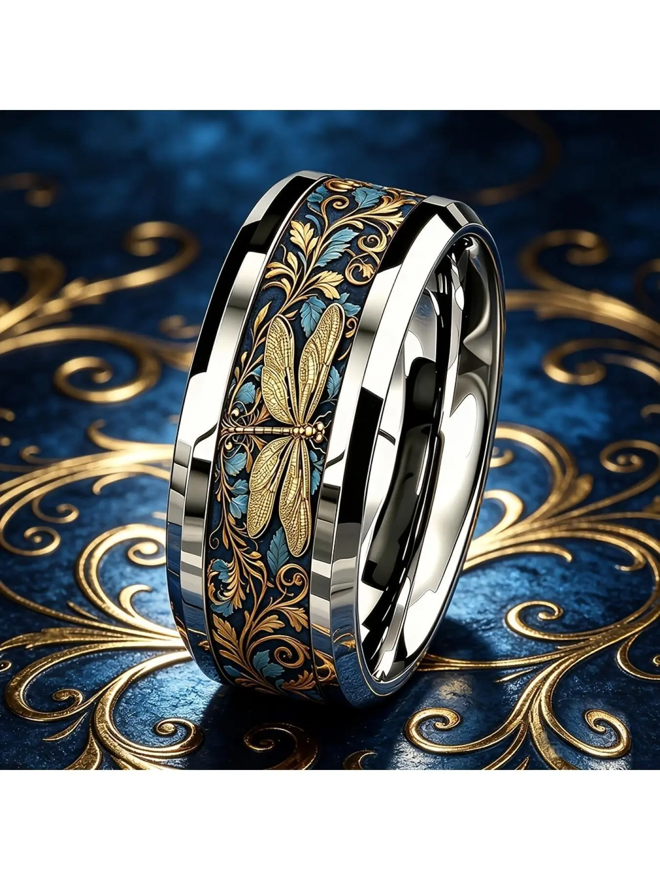 Elegant retro court dragonfly couple ring for men and women, 8mm wide 304L stainless steel scratch-resistant band with Baroque floral insect texture, luxurious versatile dating Jewelry Ring