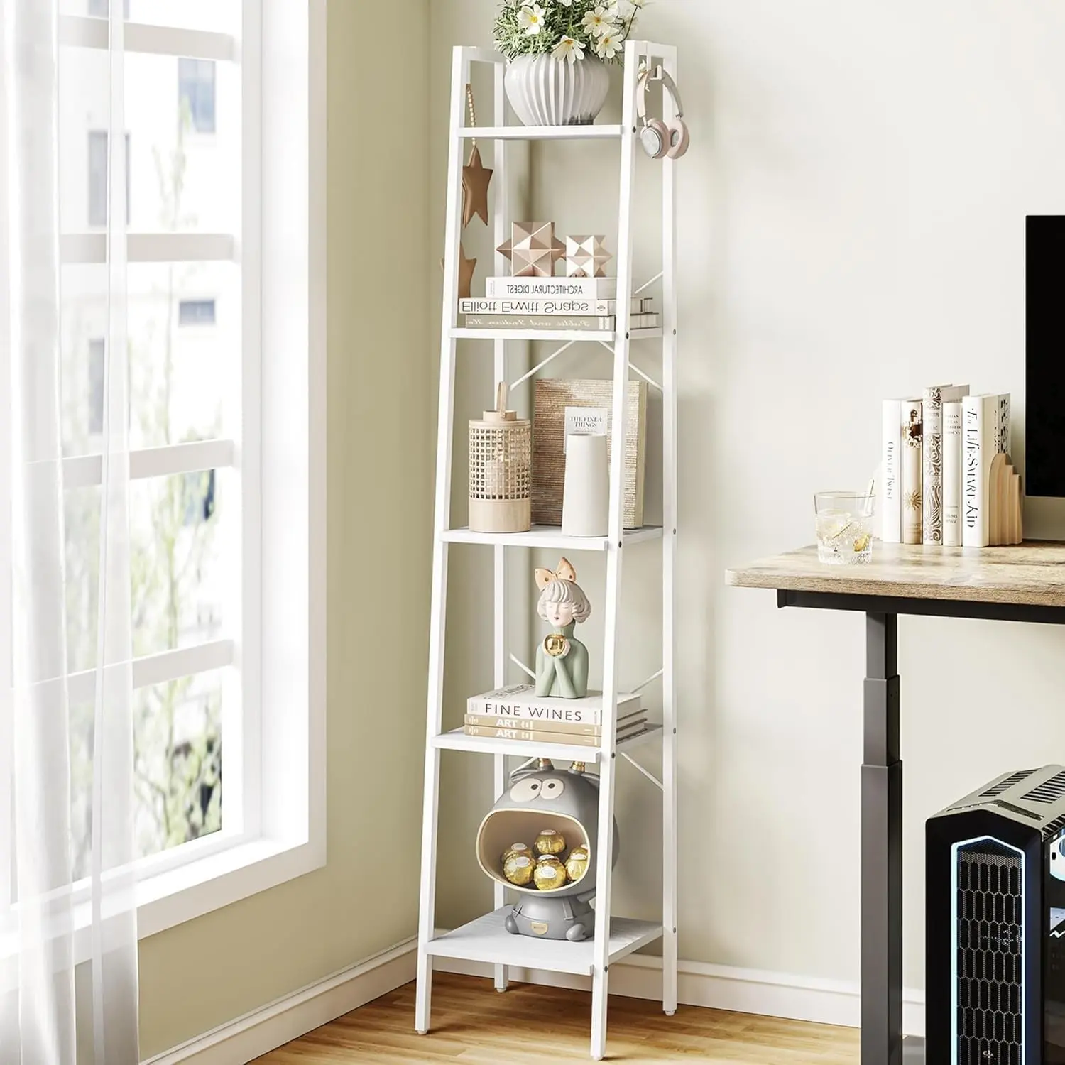 Industrial 5-Tier White Ladder Shelf - Freestanding Corner Storage Shelf with 2 Hooks for Home Office, Living Room, Ideal for Plants, Racks, Utensils, BC03213W