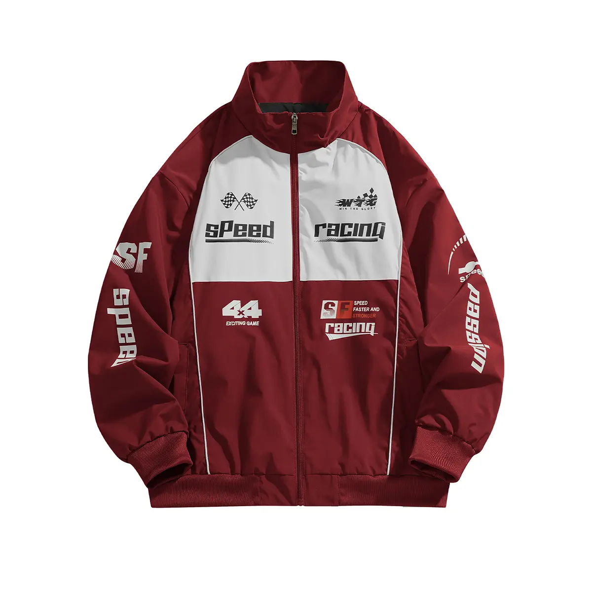 Men Burgundy White Color Block Stand Collar Racing Jacket, Zip Up Speed Letter Print Motorsport Outerwear, Loose Street Windbreaker for Men, Ideal for Spring Autumn Urban Outfits