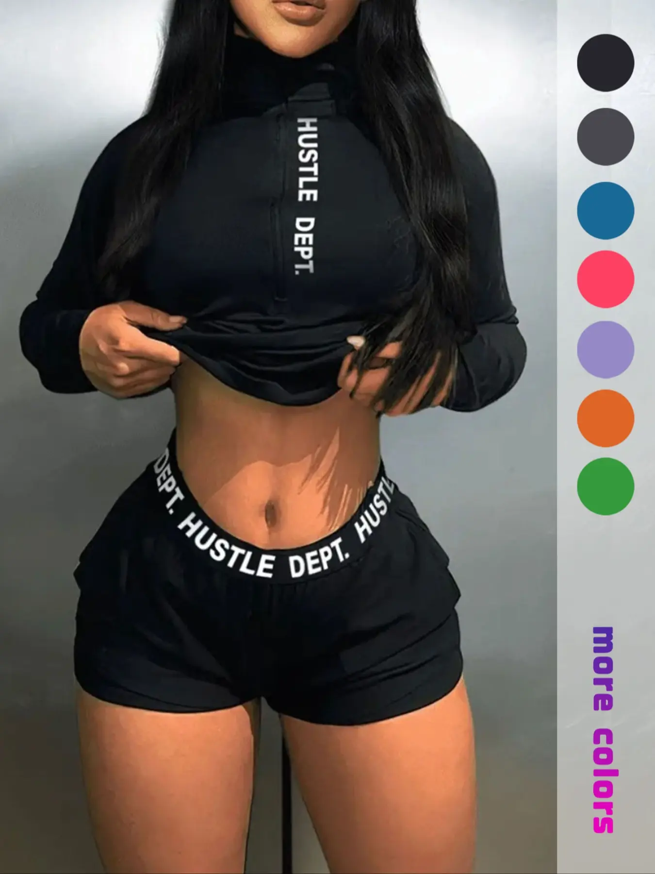 Women's Letter Print Long Sleeve Tee & Zipper Pocket Shorts Set, Casual High Neck T-shirt & Tape Shorts for Spring & Fall, Ladies Clothes for Daily Wear