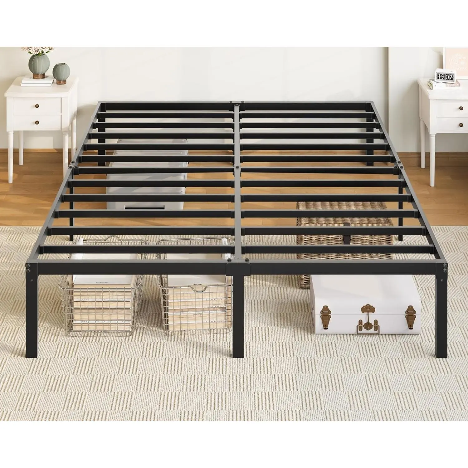 14-in Metal Platform Queen Bed Frame with Storage Space, No Box Spring Needed, Easy Assembly, Black Metal Frame