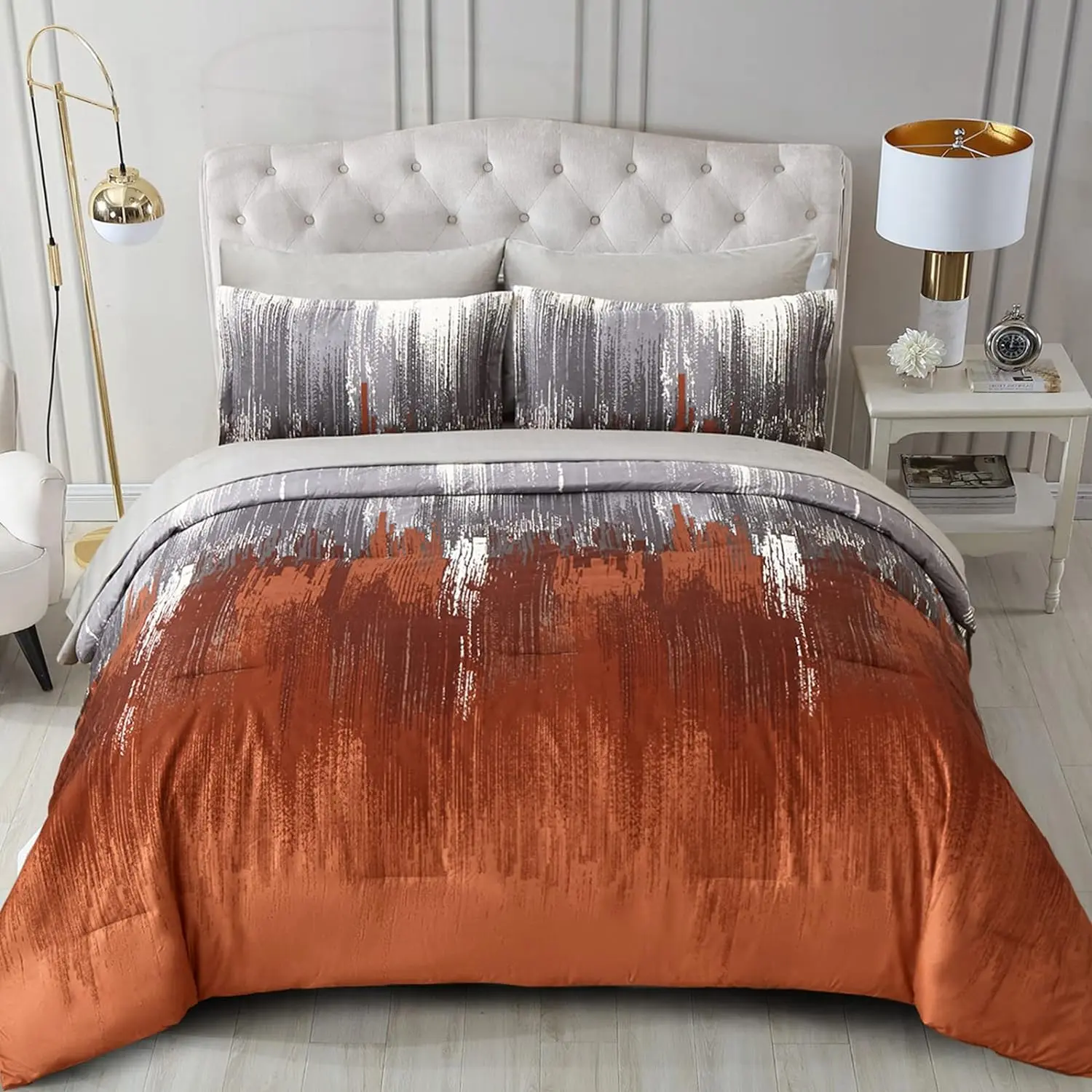 Comforter Set , Burnt Orange 7 count Bed in a Bag Abstract Gradient Soft Microfiber Terracotta  Set with Flat Sheet, Fitted Sheet, Pillow Shams, Pillowcases