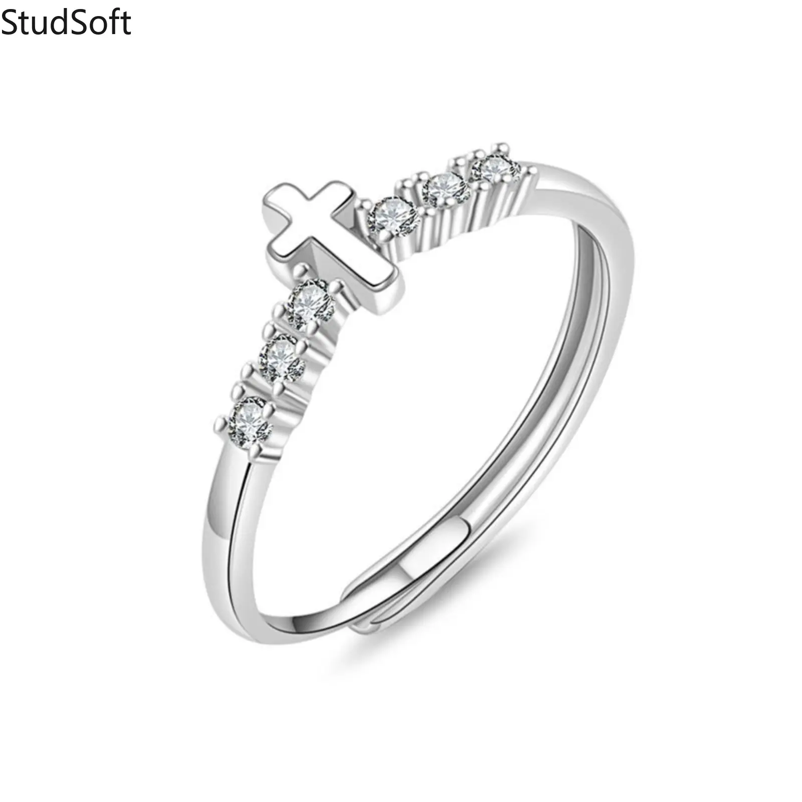 Women's 925 Sterling Silver Cross Open Ring - Rhodium-Plated, Adjustable, Minimalist Fashion Jewelry with Cubic Zirconia - Cute Birthday Gift for Her (Sports & Outdoor Accessory Complement), Female