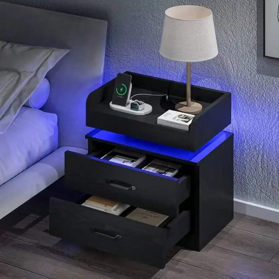 Classic Bedroom Nightstand Charging Station with LED Light, Drawers for Bedroom, Bed Side Table Available in White/Black/Grey Marble Finish