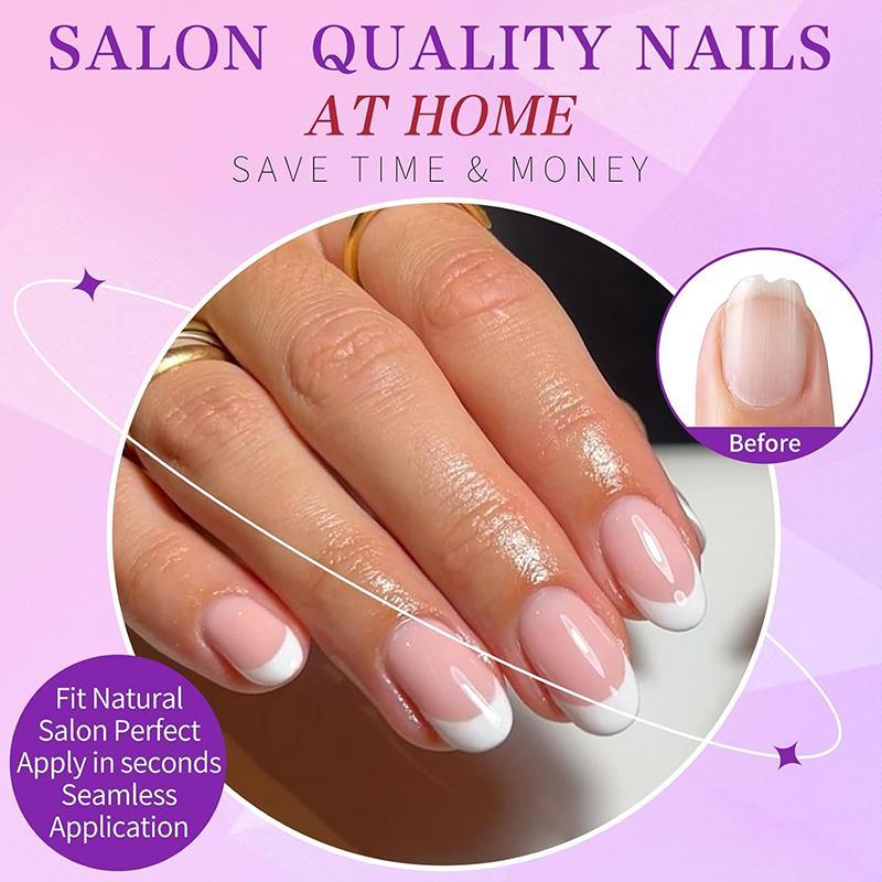 Medium Short Oval Almond Press-on Nails, 120pcs Glossy French Tip Fake Nails, Classic Nail Design At Home Manicure