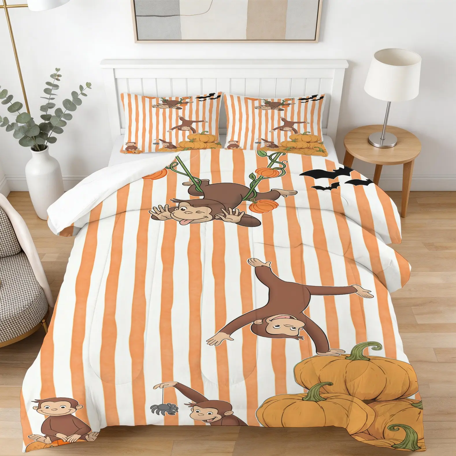 Halloween Monkey Pattern Comforter Set, Patterned Bedding Set Including 1 Comforter And 1 Or 2 Pillowcases Without a Core, Suitable For Home Or Dormitory Decoration, Perfect For Life And Holiday Gifts