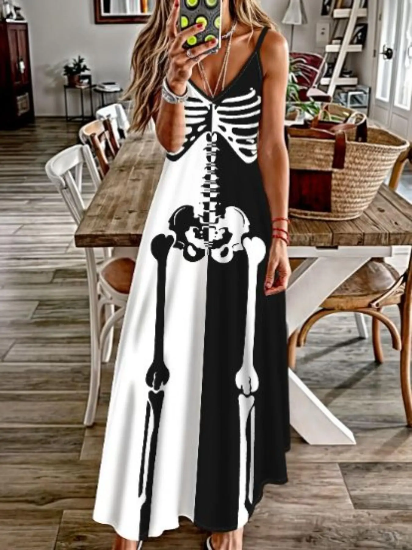 Gothic Skeleton Print Halter Dress, Halloween Costume, Sleeveless Long Dress with Pockets, Casual Summer Wear