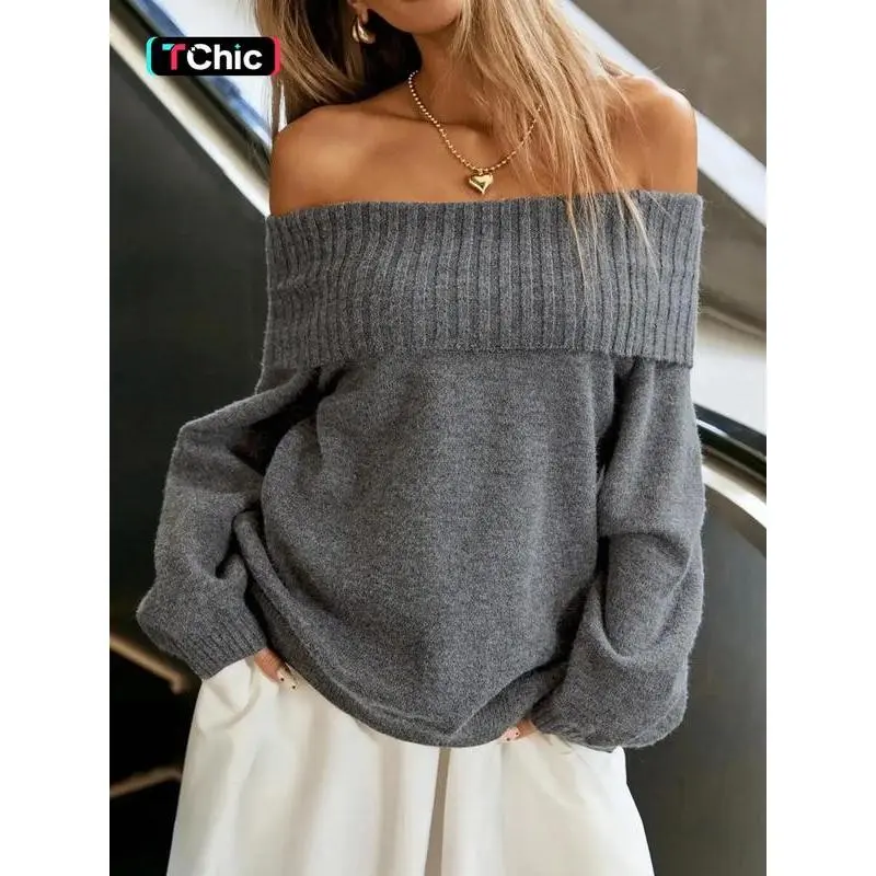 Women's Fashion Casual Plain Shoulderless Long Sleeve Knit Pullover Sweater, Cute Style, Moderate Fabric, Spring & Fall Wear