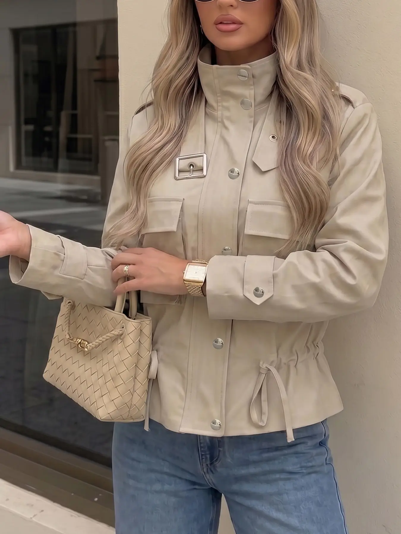 Women's Fashion Solid Color Long Sleeve Jacket, High Neck Zipper Front, Button Details, Pockets, Casual Short Coat