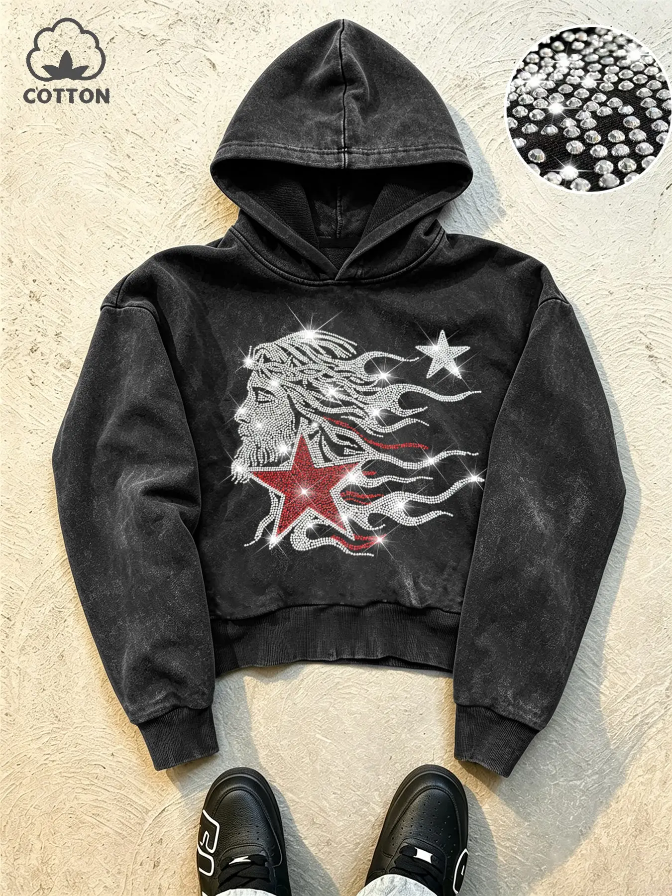 Men's Casual Hooded Sweatshirt, Flame Hair Design with Sparkling Rhinestones, Star and Scattered Stars, Cotton Fabric, Perfect for Photoshoots