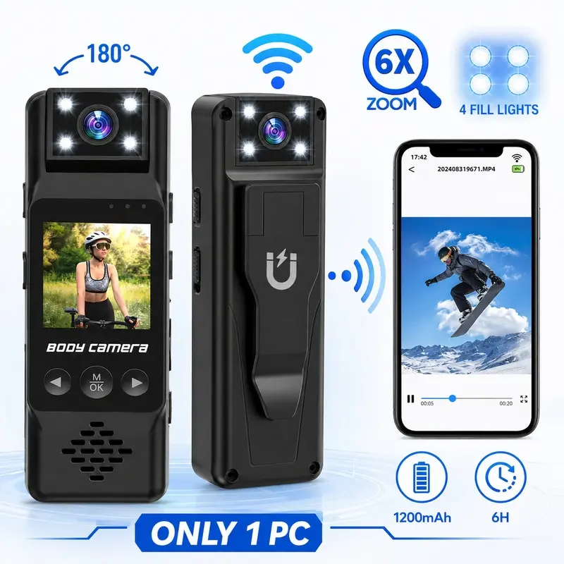 Action Camera HD Outdoor Sports Camera, Portable WiFi Body Cam with 180 Rotating Lens, 1.3" LCD Display, Night Vision and Magnetic Back Clip for Cycling Vlog