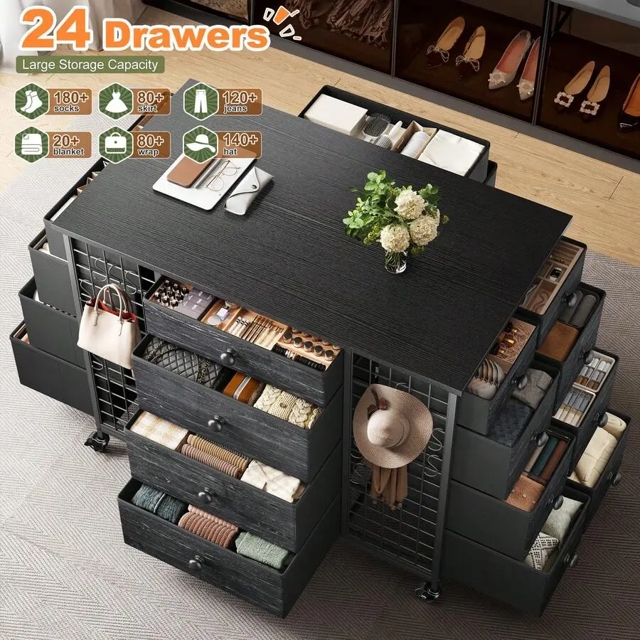 40" Wide Black Farmhouse Lockable Mobile Dresser - 24 Fabric Drawers, Lockable Hooks, Rolling Unit Wheels Base, Wood Top, Jewelry Storage Organizer for Bedroom, Closet