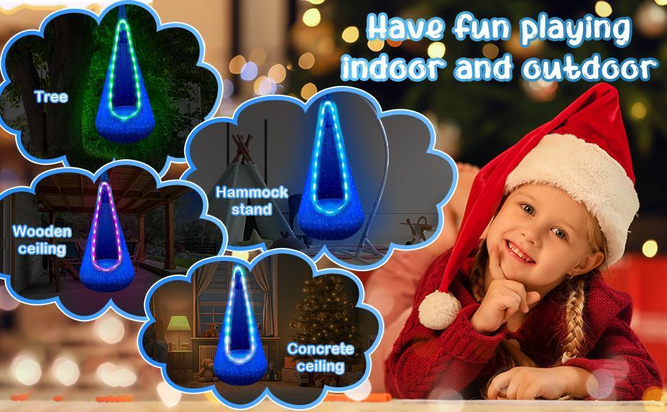Modern Kids Hanging Pod Hammock Swing with 16-Color LED Lights & Remote, Adjustable, Magic Tape, Sturdy Indoor-Outdoor Furniture, Supports 220lbs, Relaxing Gift for Playrooms, Swinging Chair Outdoor