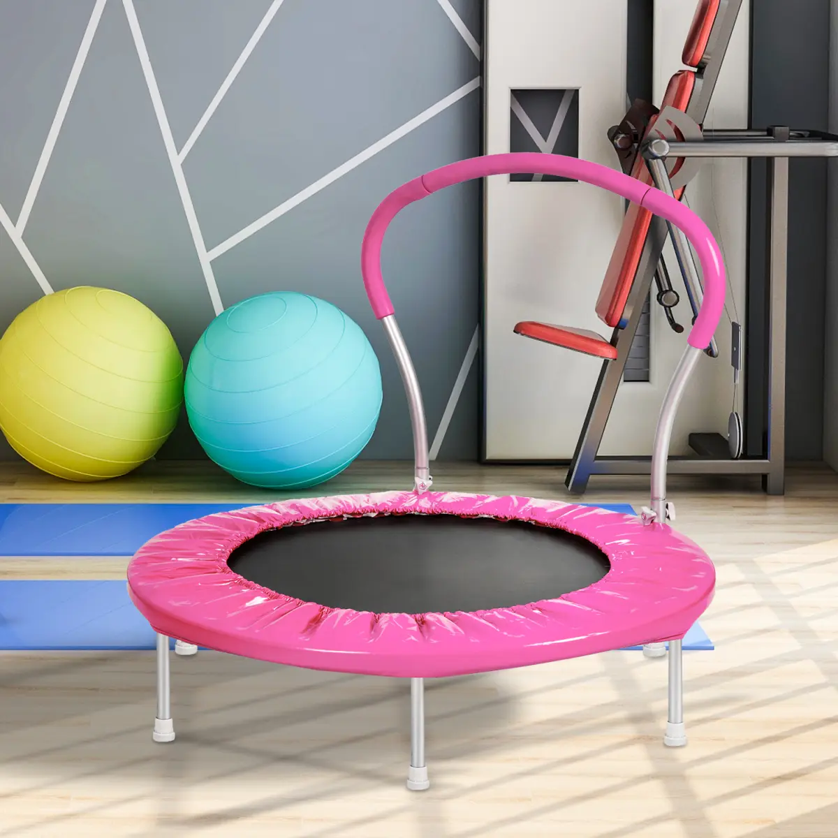 Pink 36 Inch Toddler Trampoline with Safety Handrail, Indoor Mini Jump Rebounder for Kids, 6-Leg Stable Metal Frame, 220 LBS Capacity, Toddler Trampoline Indoor, Outdoor Exercise Trampoline