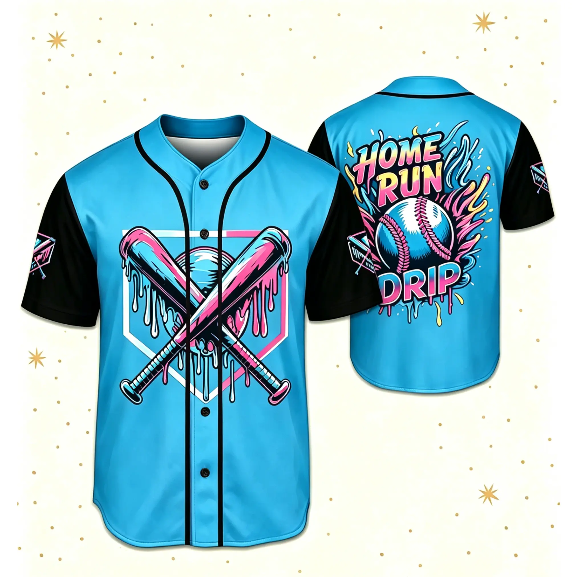 Home Run Drip Baseball Jersey, Colorful Graffiti Softball Graphic Button Up Tee, Retro Streetwear Baseball Uniform For Game Day Outfit