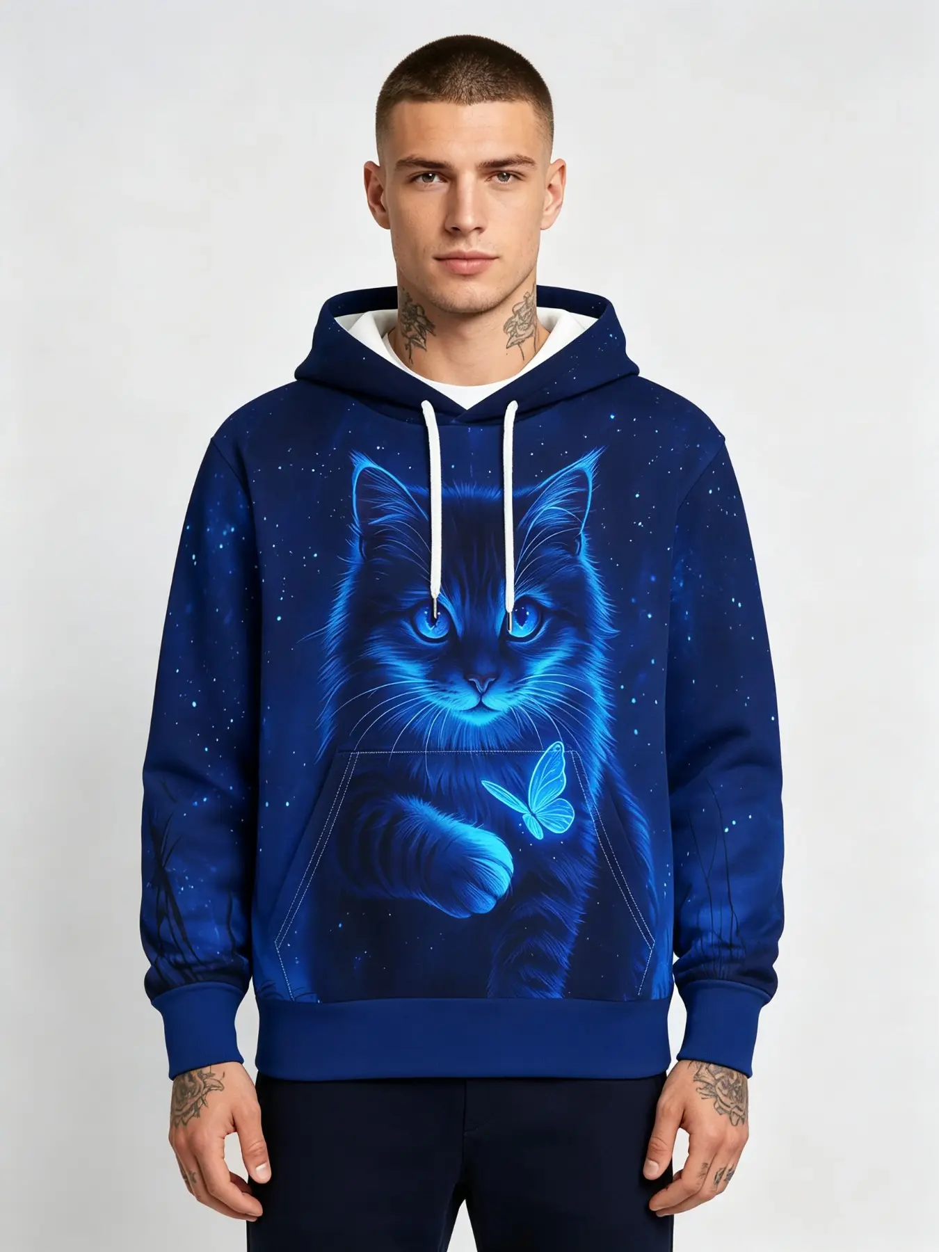 Men's Long Sleeve Pullover Hoodie, Dreamy Starry Sky Design, Blue Light Cat Butterfly All-Over Print, Casual Fall & Winter Sweatshirt