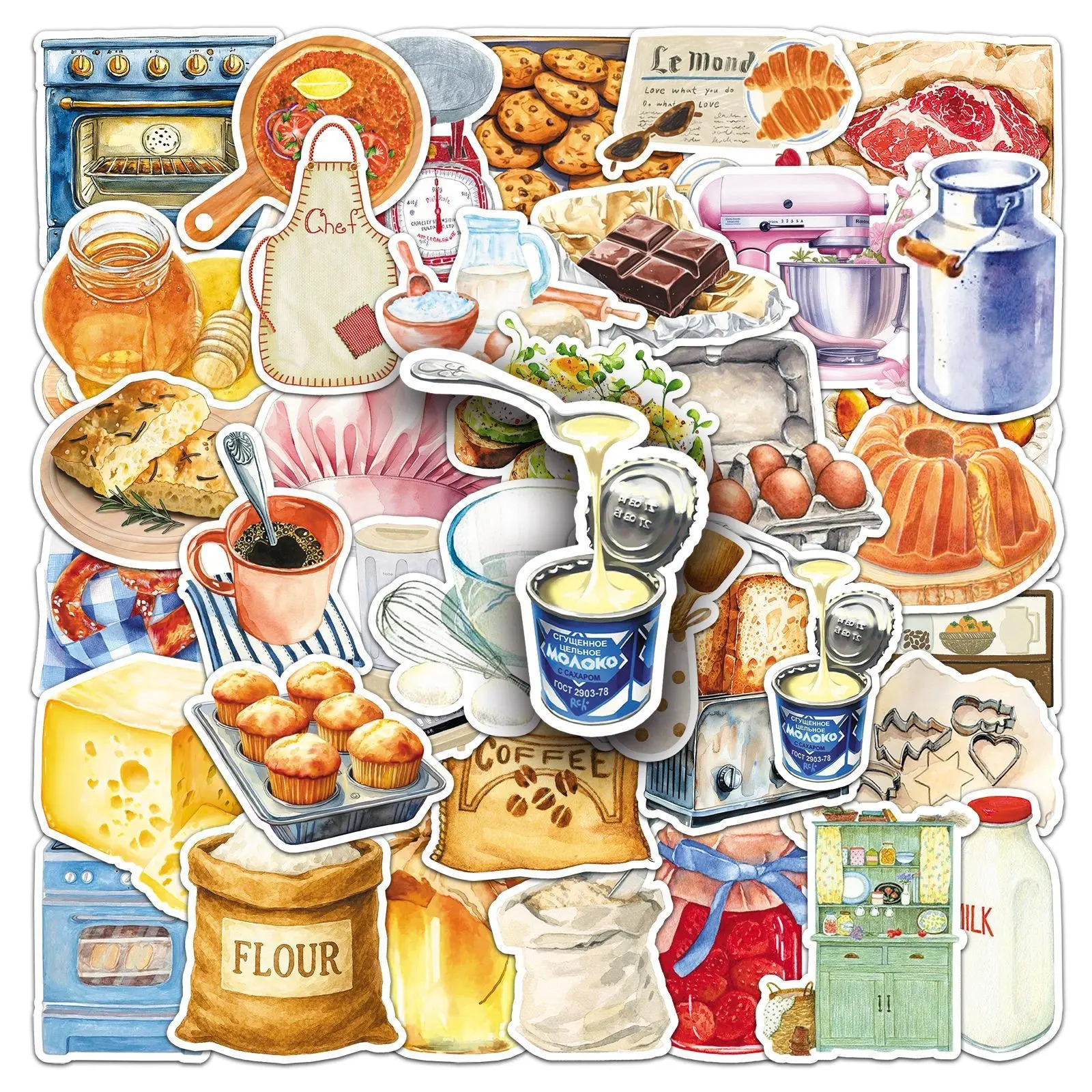 50 Sheets Waterproof Baking Time Stickers, Cute Cartoon Food Graffiti, DIY Stickers for Phone, Computer, Notebook, Water Cup
