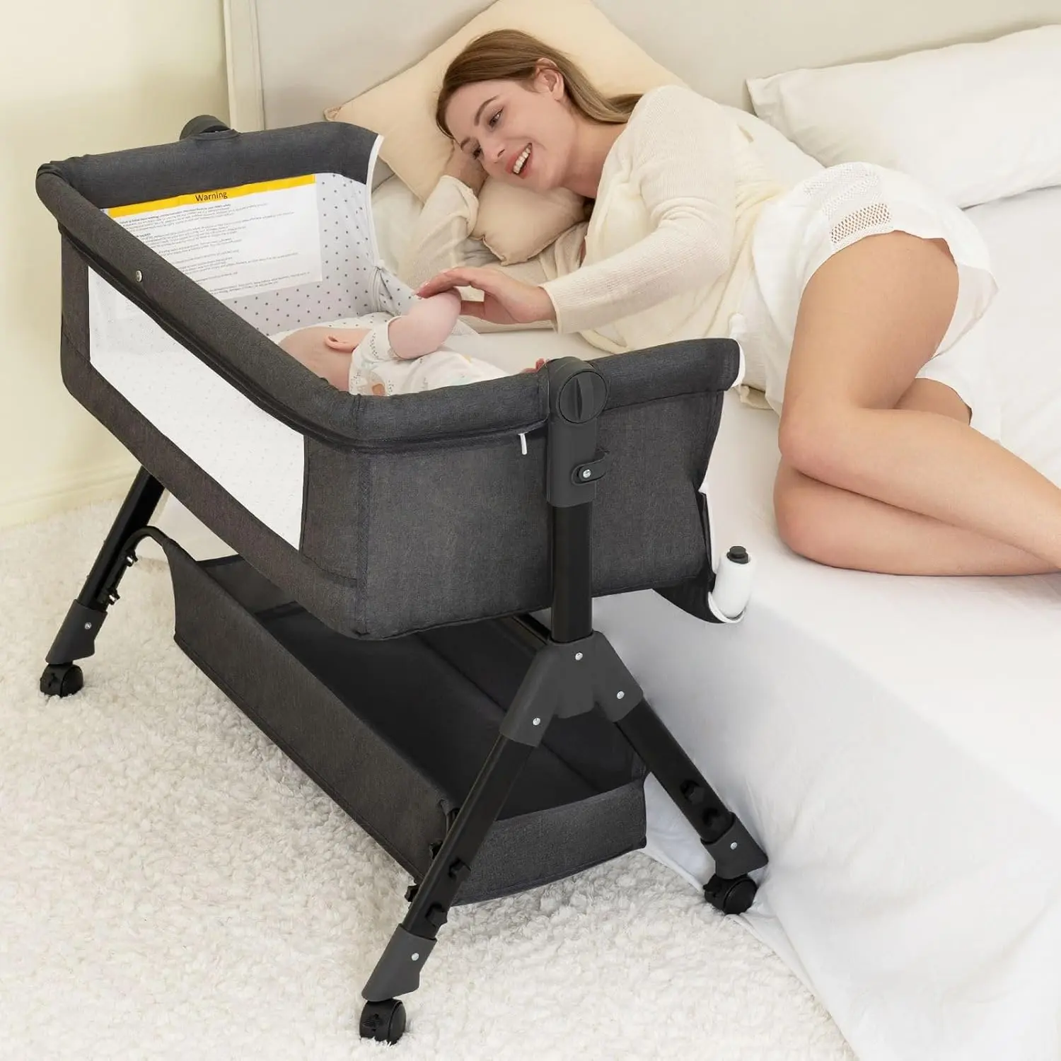 Baby Bassinet, Bedside Bassinet  Baby, 3 in 1 Bassinet Bedside Sleeper with Wheels, Mosquito Net, Adjustable Easy Folding Portable Bed  Infant Newborn (Dark Grey)