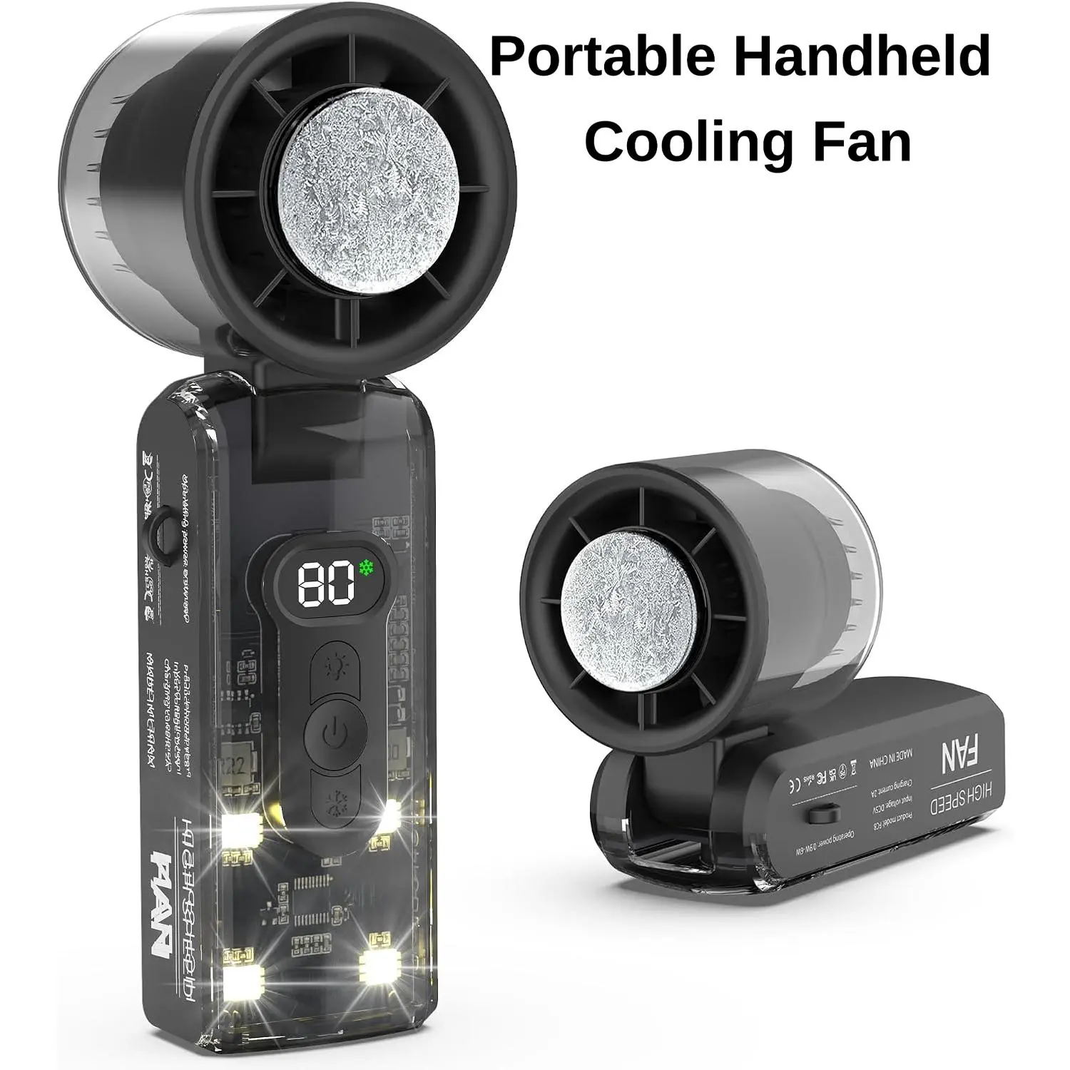 Portable Handheld Cooling Fan, 100-Speed Turbo Fan with TEC Ice Cooling, 3600mAh Rechargeable Personal Fan, LED Display & LED Light for Travel, Office & Outdoor