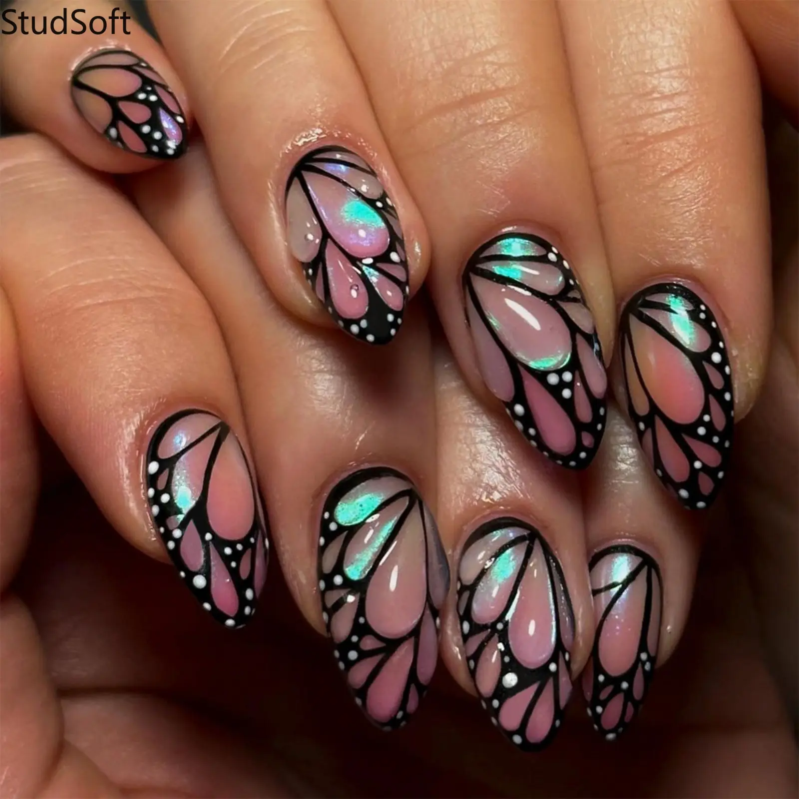 24Pcs Short Oval Press on Nails for Women, Glossy Pink Fake Nail Tips with Monarch Butterfly Wing and Aurora Effect, Full Cover Acrylic Manicure for Summer, Acrylic Base, Glossy Finish, Nail Press On Nails, Press On Nails Acrylic