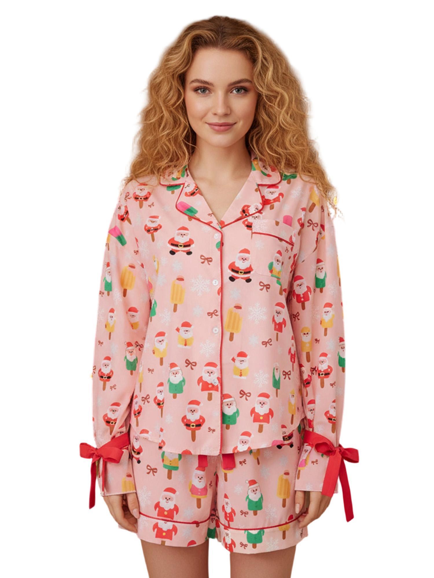 Women Fashion Christmas Pajama Sets Santa Print Tie-up Long Sleeve Button-up Shirts Tops and Elastic Waist Shorts Xmas Sleepwear