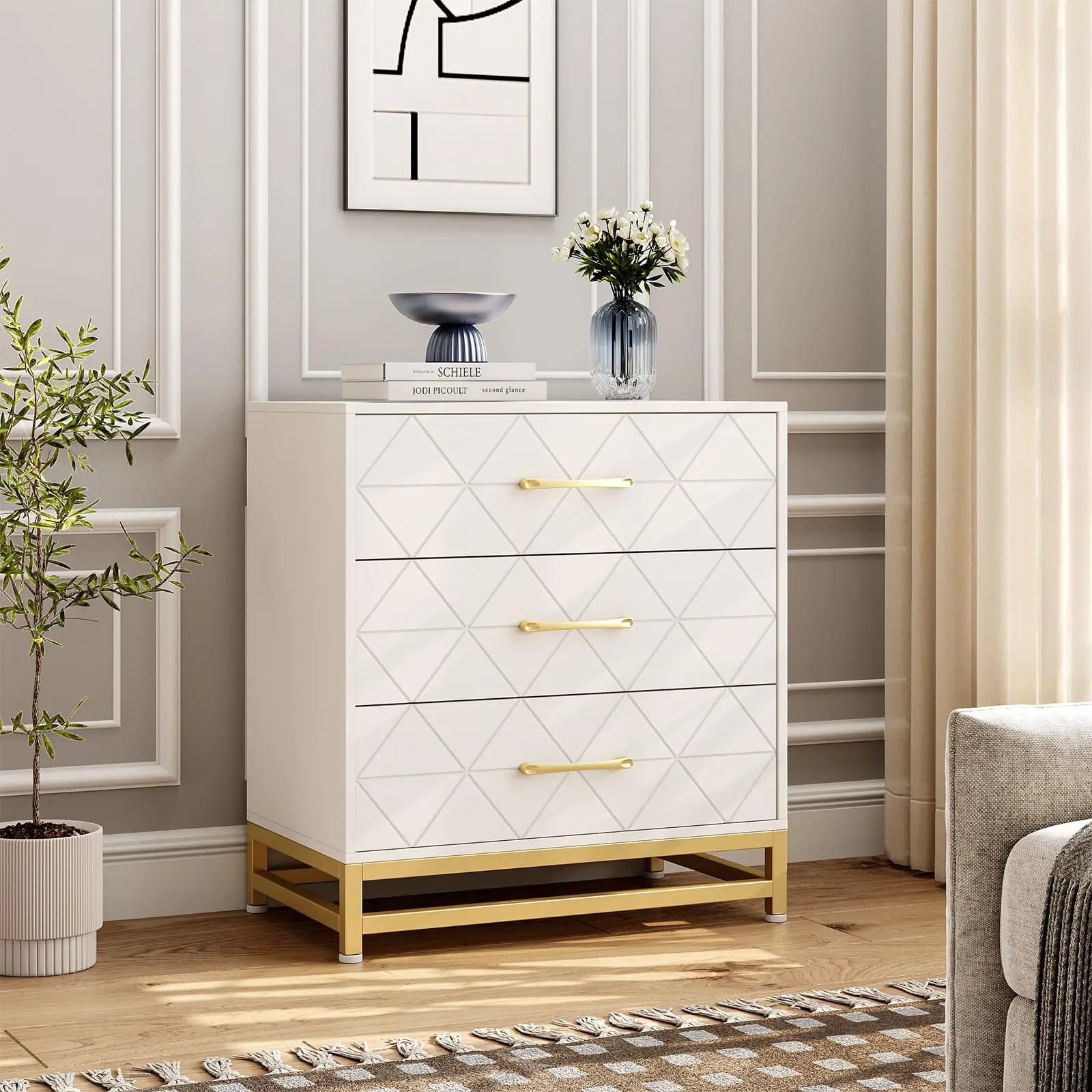 GARVEE3 Drawer Dresser and White Wooden Nightstand for Bedroom with Storage, Modern Chest of Drawers with Gold Handles, Ideal for Bedroom or Closet Organization