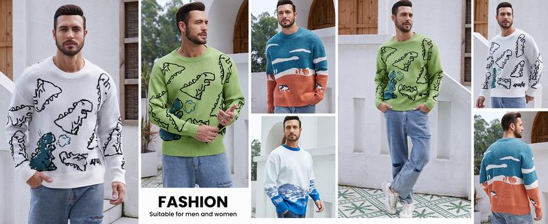 Gihuo Unisex Men Women Oversized Dinosaur Pattern Casual Cable Knit Pullover Soft Cotton Crewneck Sweater Long Sleeve B-Black Knitted Outfit for Spring Fall Winter