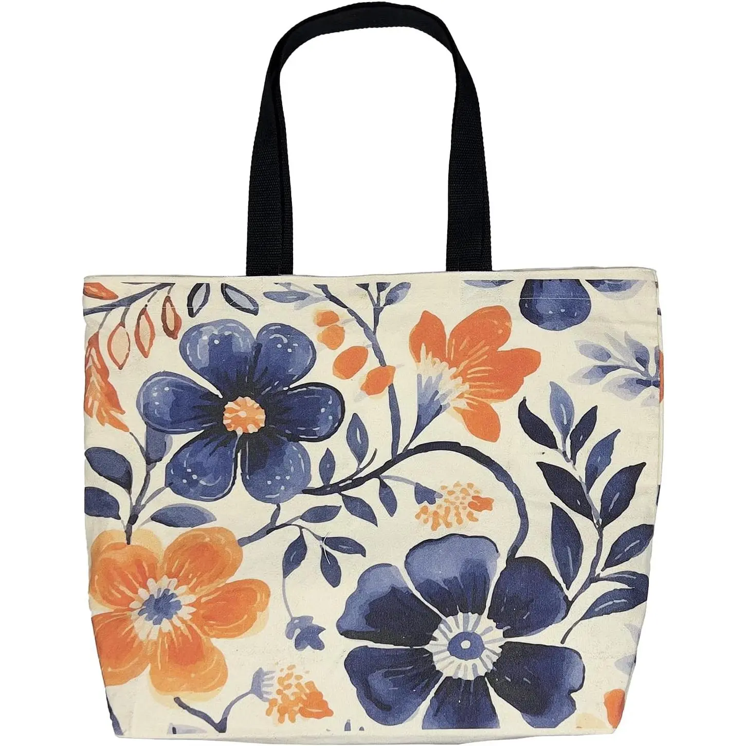 Women's Large Canvas Tote Bag - Floral Pattern, Both Sides Print, Snap Closure Single Bag for Daily Shopping Use