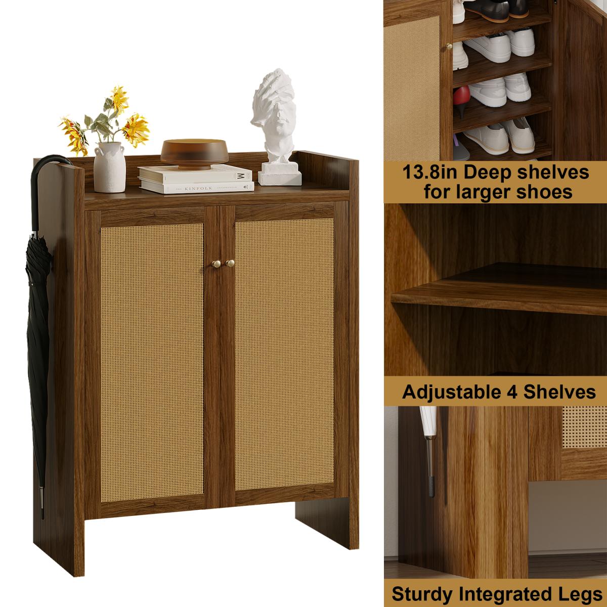 42.5" Tall Rattan Shoe Cabinet with Doors, 6-Tier Shoe Storage Cabinet with Adjustable Shelves, Wooden Freestanding Shoe Organizer Shoe Cabinet for Entryway,Hallway,Living Room (Walnut)
