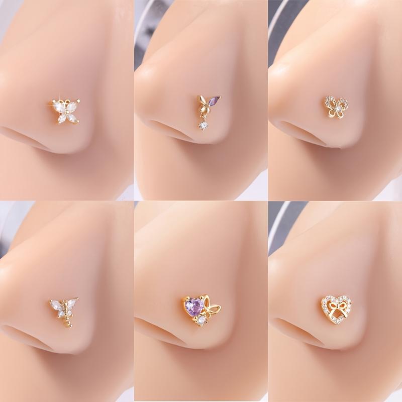 6PCS Nose Stud L Shaped Nose Rings Stud For Women Nose Screw Nose Piercing Stud Flower Heart Nostril Jewelry