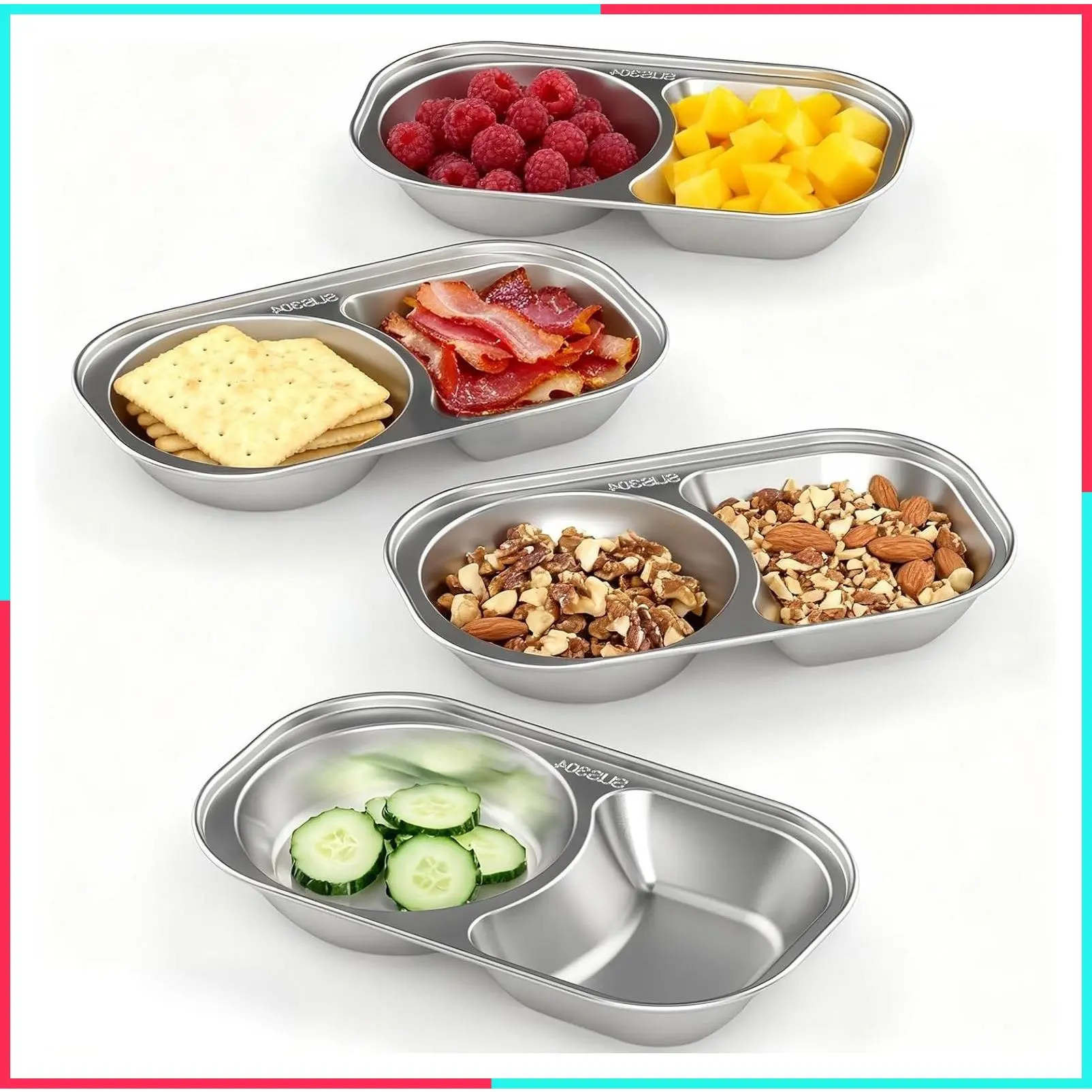Stainless Steel Toddler Plates Set of 4, 2-Compartment Divided Kids Plates for Snack Portion Control, Small Divided Plate for Baby Feeding & Adults Camping, Non-Toxic Dishwasher Safe Metal Dish
