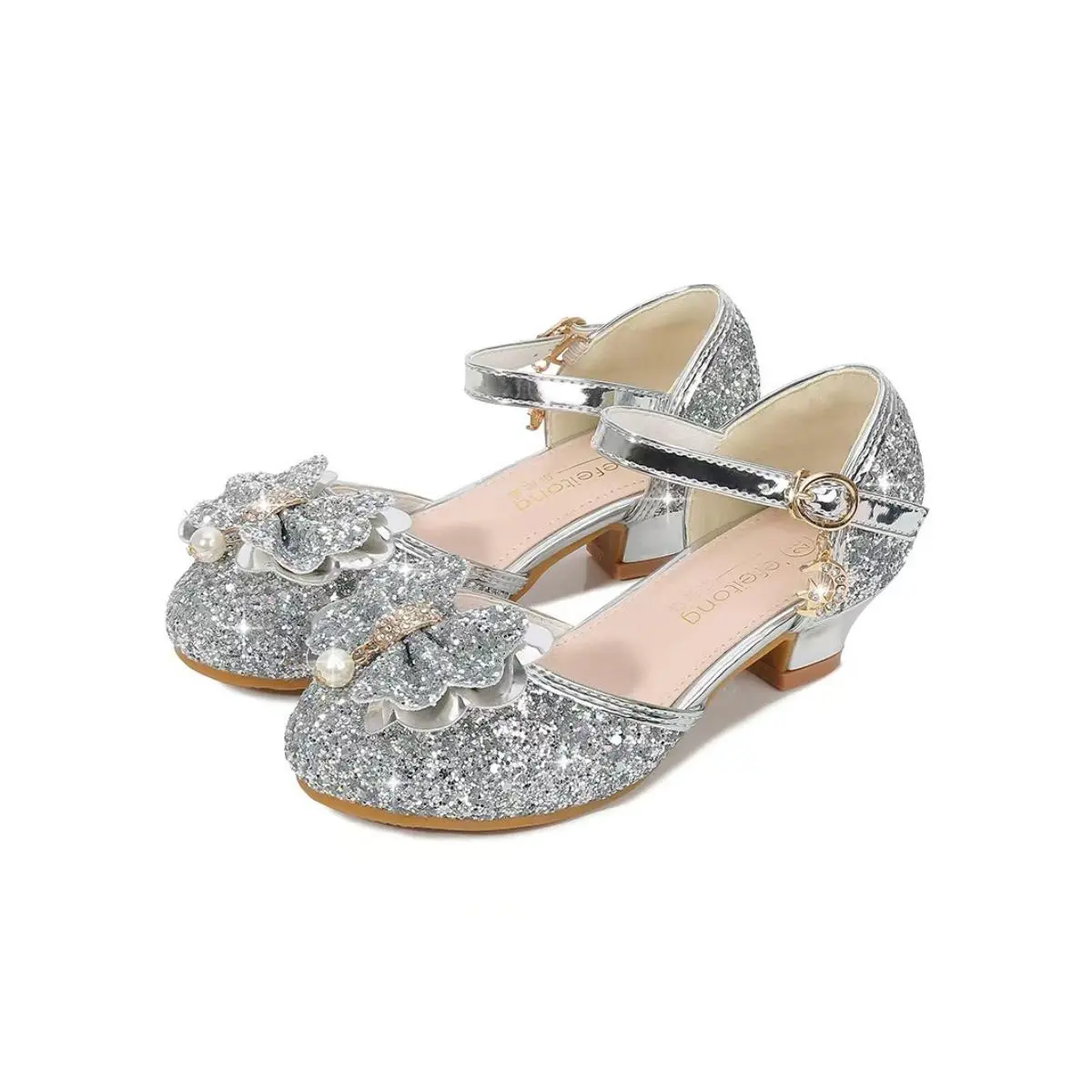 Girls Sparkly Rhinestone Bow Mary Jane Shoes, Pearl Ankle Buckle Princess Flats, Comfortable Non-Slip Dress Shoes for Little Kids, Perfect for Birthday, Wedding, Party, Daily Wear