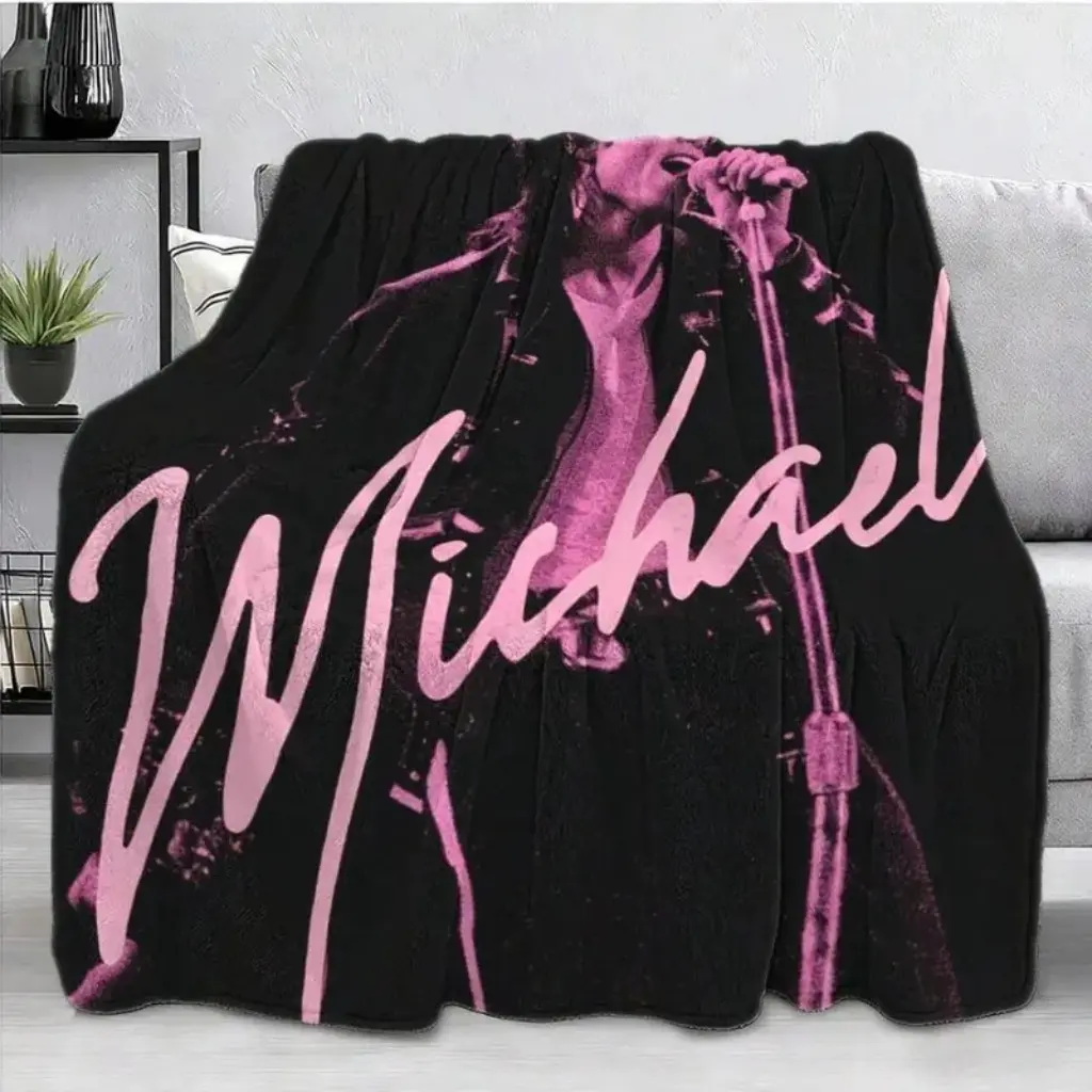 Michael Jackson Rockstar Printed Flannel Soft Throw - Bold Pink Letter Art on Black, Comfy Decorative Blanket for Music Fans, Sofa Use & Holiday Gift, Blankets For Sofa, Decorative Blankets