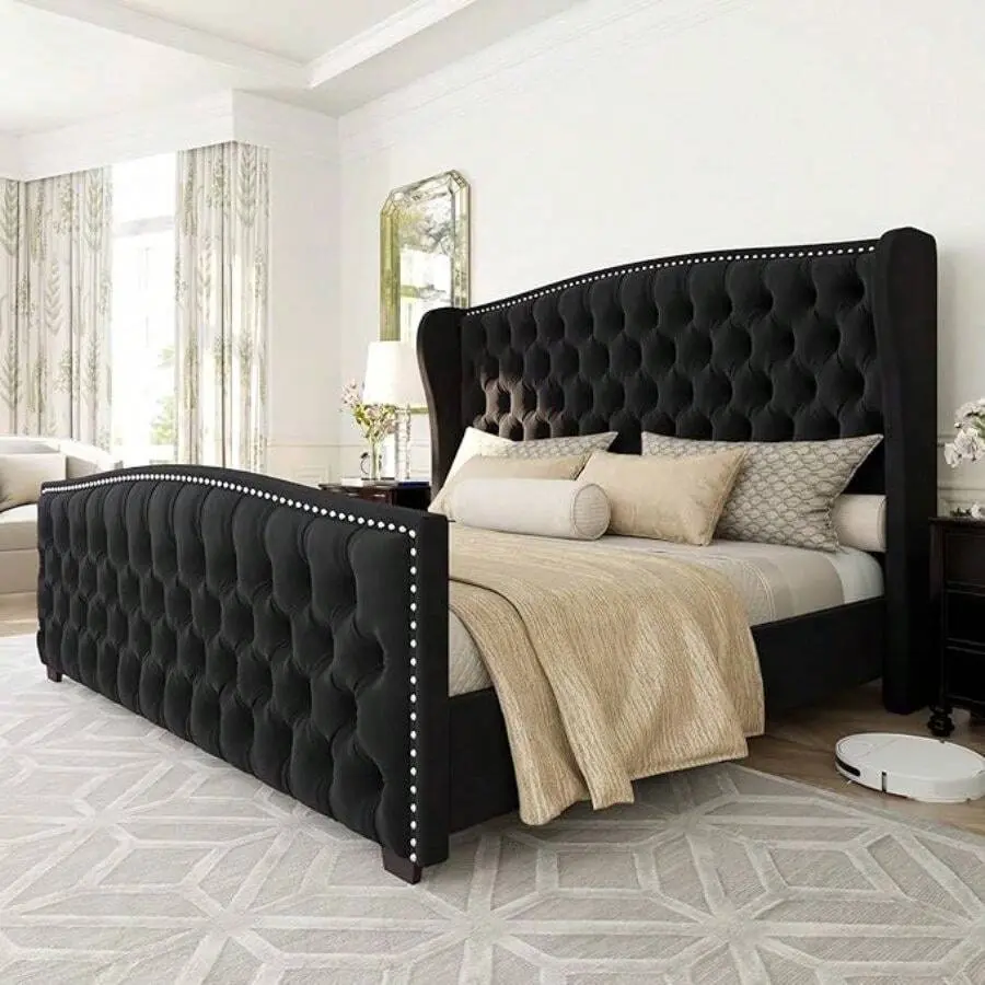 Platform Bed Frame, Velvet Upholstered Bed With Deep Button Tufted & Nailhead Trim Wingback Headboard/No Box Spring Needed/Black