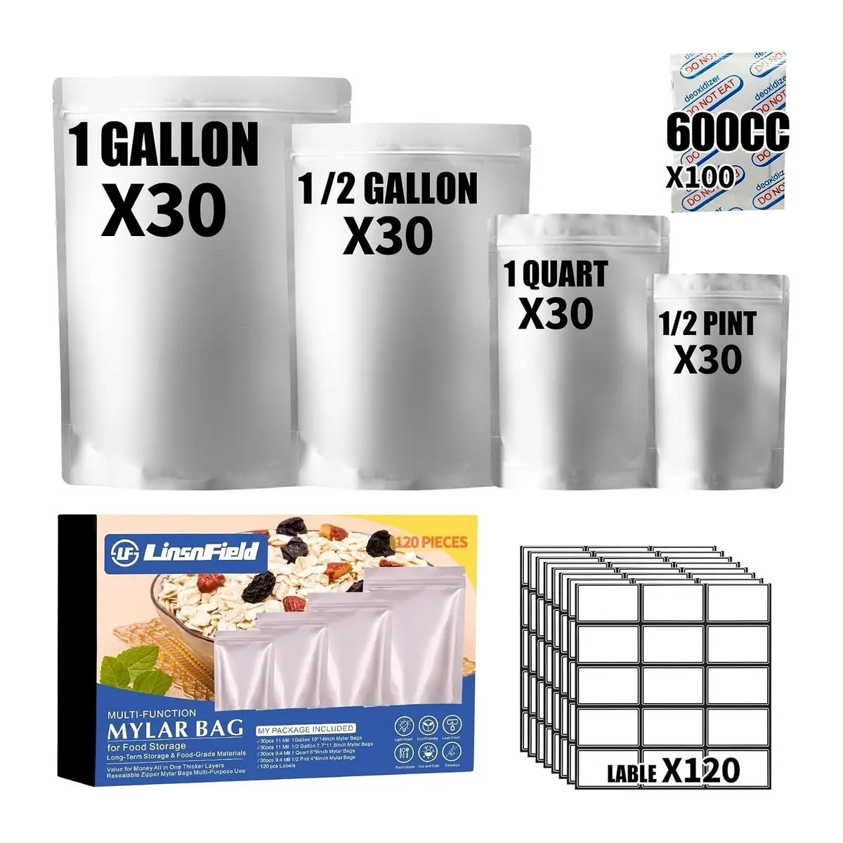 Mylar Bag Bundle for Long Term Food Storage, 120 Pack with 4 Multi-Size Pouches, 600CC Oxygen Absorbers, 120 Labels, BPA-Free Heat Sealable, Silver