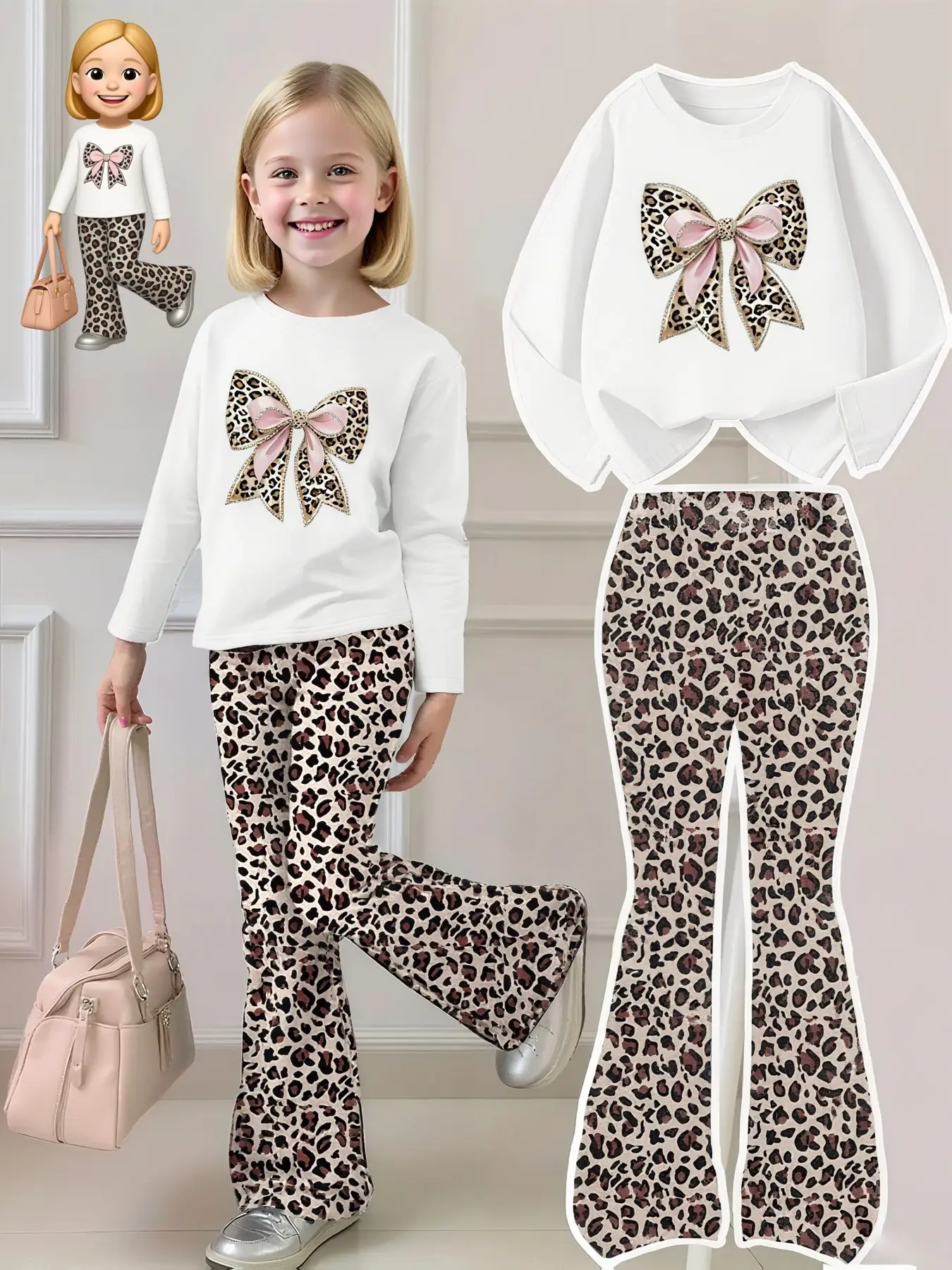 Butterfly Knot Long Sleeve Top and Vintage Leopard Bell Bottoms Set, Soft Fabric, Elastic Comfort, Fall & Winter