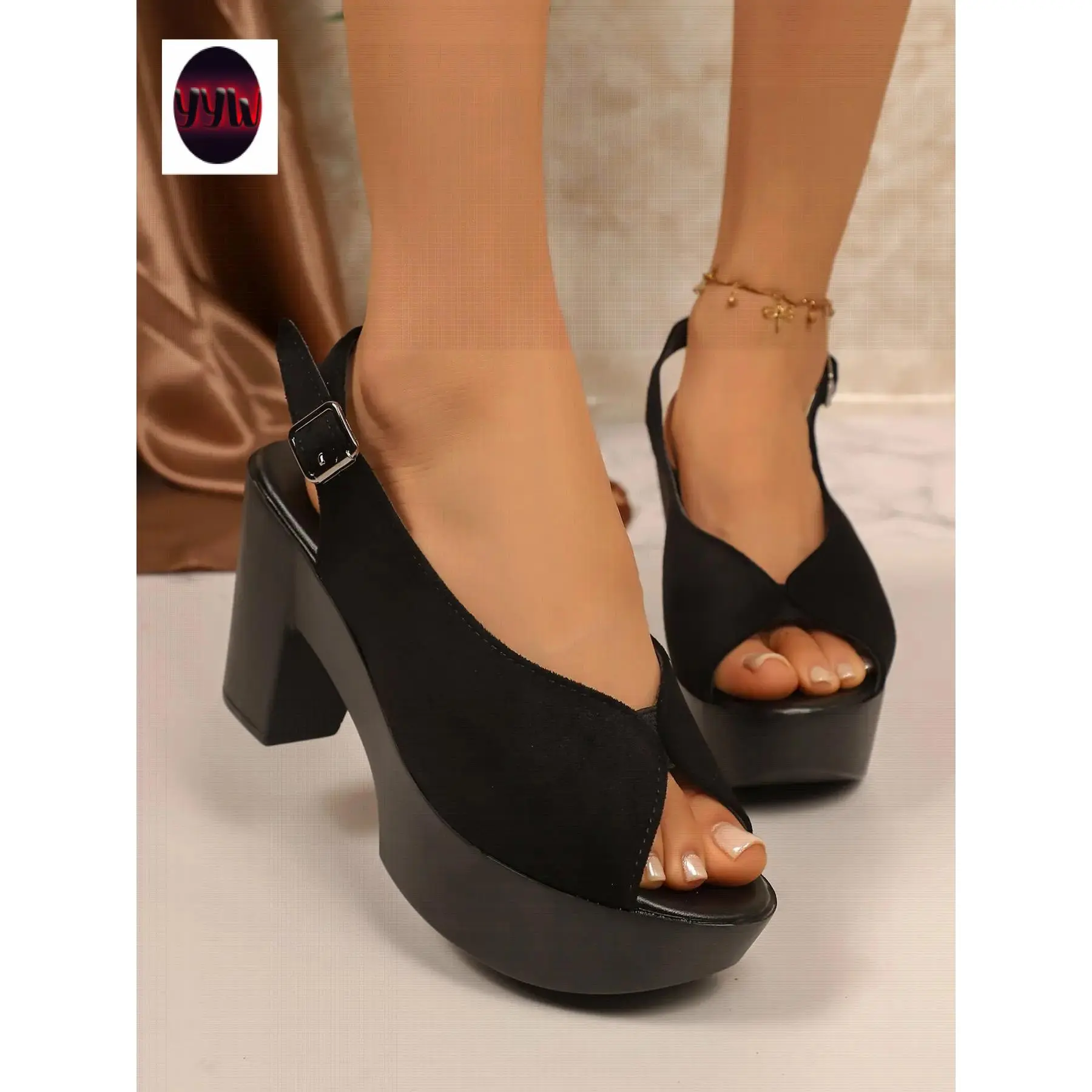 YYW1 Women's Fish Mouth Thick Sole Chunky Heel Open Back Sandals, Waterproof Platform Heel, Casual Textile Shoes