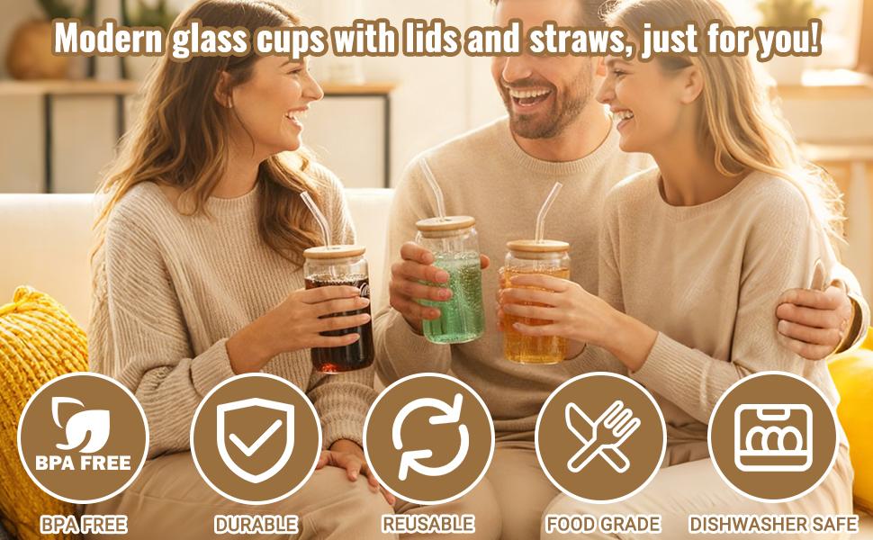 Borosilicate Glass Cups with Lids and Straws, 16 oz Reusable Tumbler Set (4-Pack) Includes Bamboo Lids, Glass Straws & Brush for Iced Coffee, Bubble Tea, Cold Beer, Juice