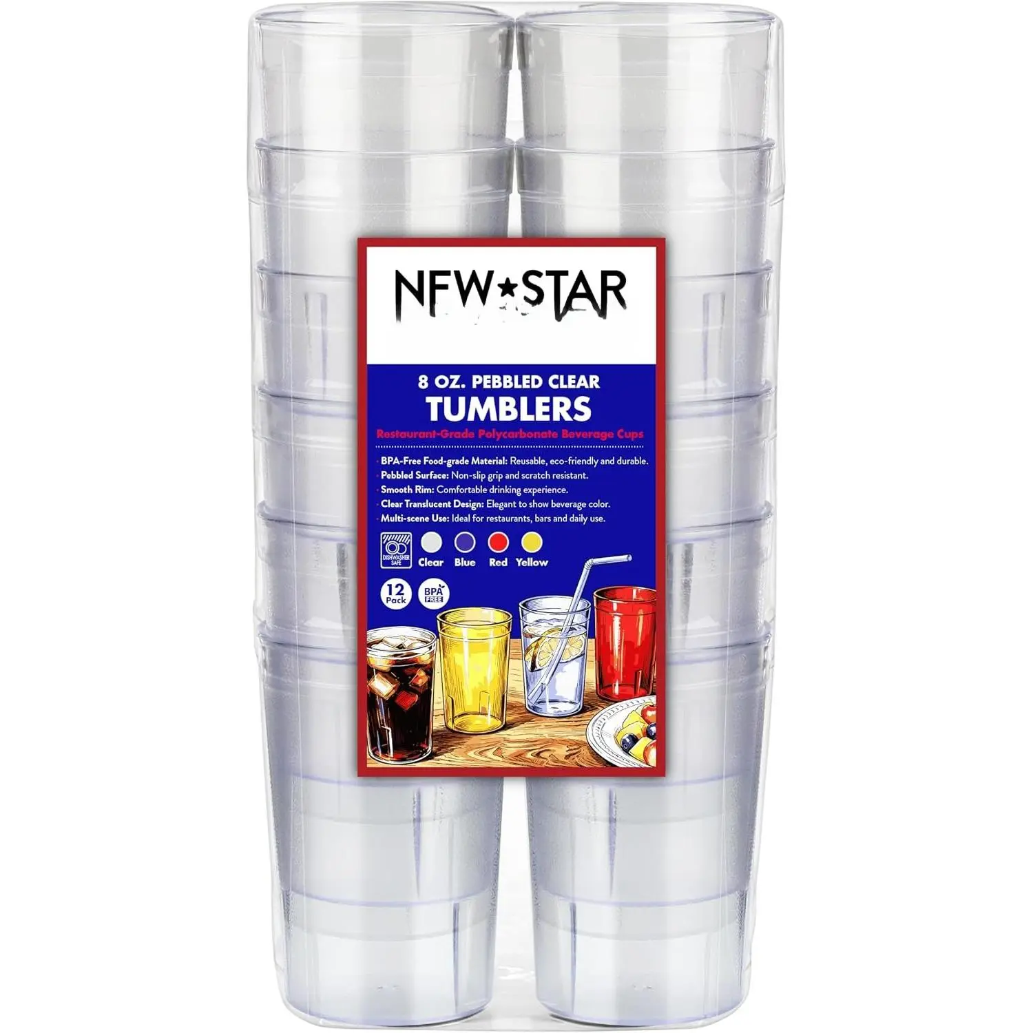 Restaurant-Grade Polycarbonate Beverage Tumblers, 8 oz, Clear, Set of 12