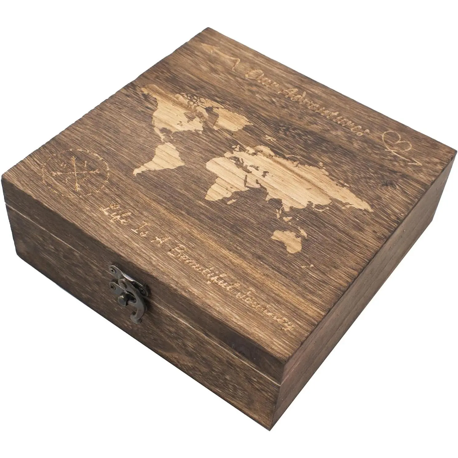 Our Adventures Box, 7.7 x 7.7 x 2.7 Inches, Decorative Wooden  Box Memory Box with World Map Background Engraved  Box with Lid   Ideas Wedding Engagement