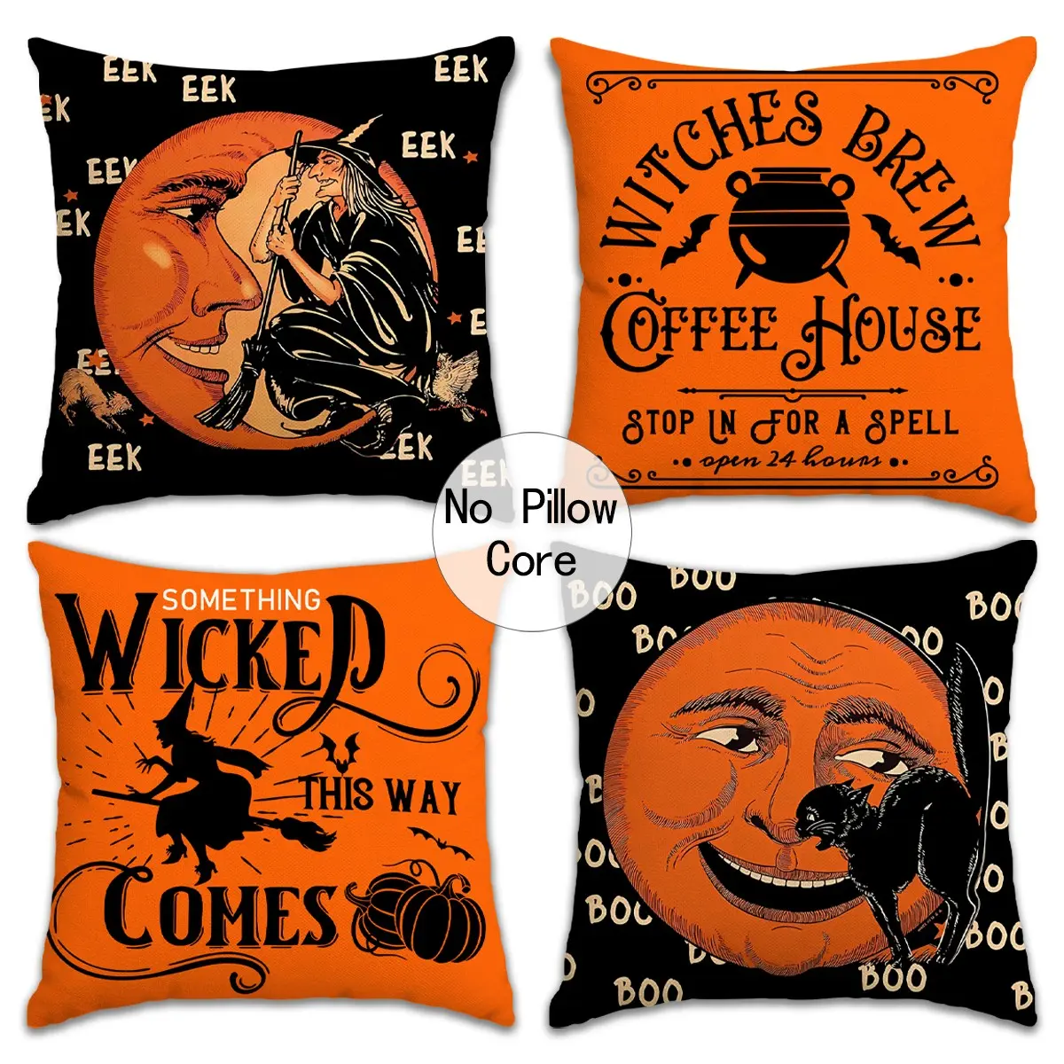 4pcs Halloween Pillow Cover, Cushion Covers, Witch Moon Black Cat Halloween Night Party Decoration Pillowcase, Bat Pumpkin Single sided Printed Pillow Cover, Decorative Cushion, Suitable for Bedroom, Living Room, Car Decoration Pillow Cover